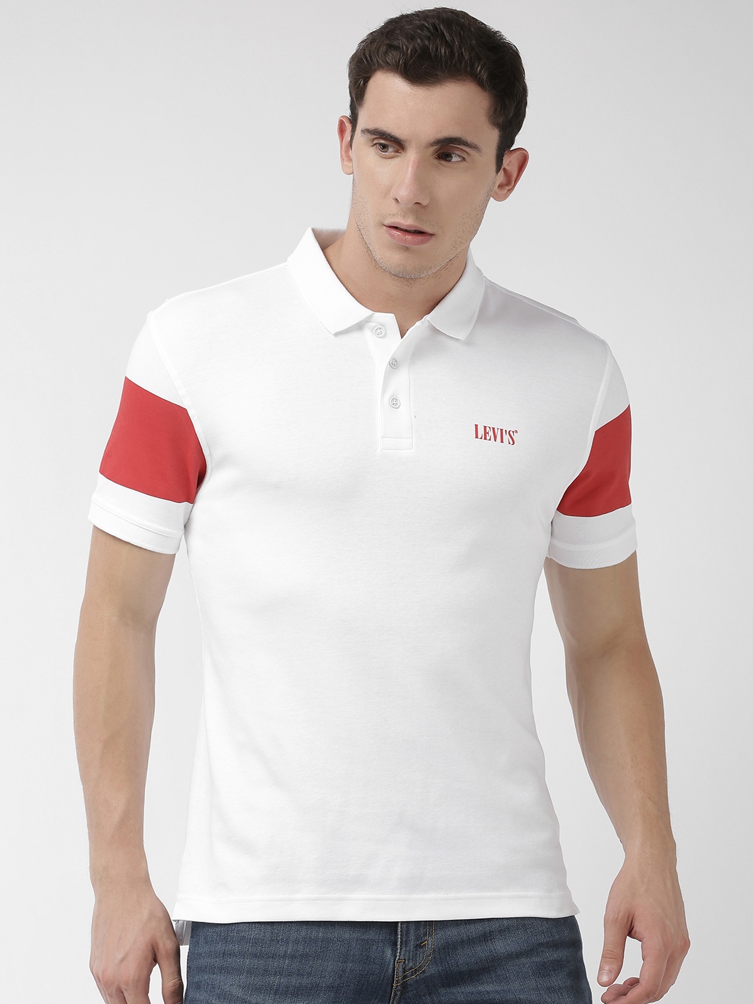 

Levis Men White Solid Polo Collar Pure Cotton T-shirt With Printed Detailing