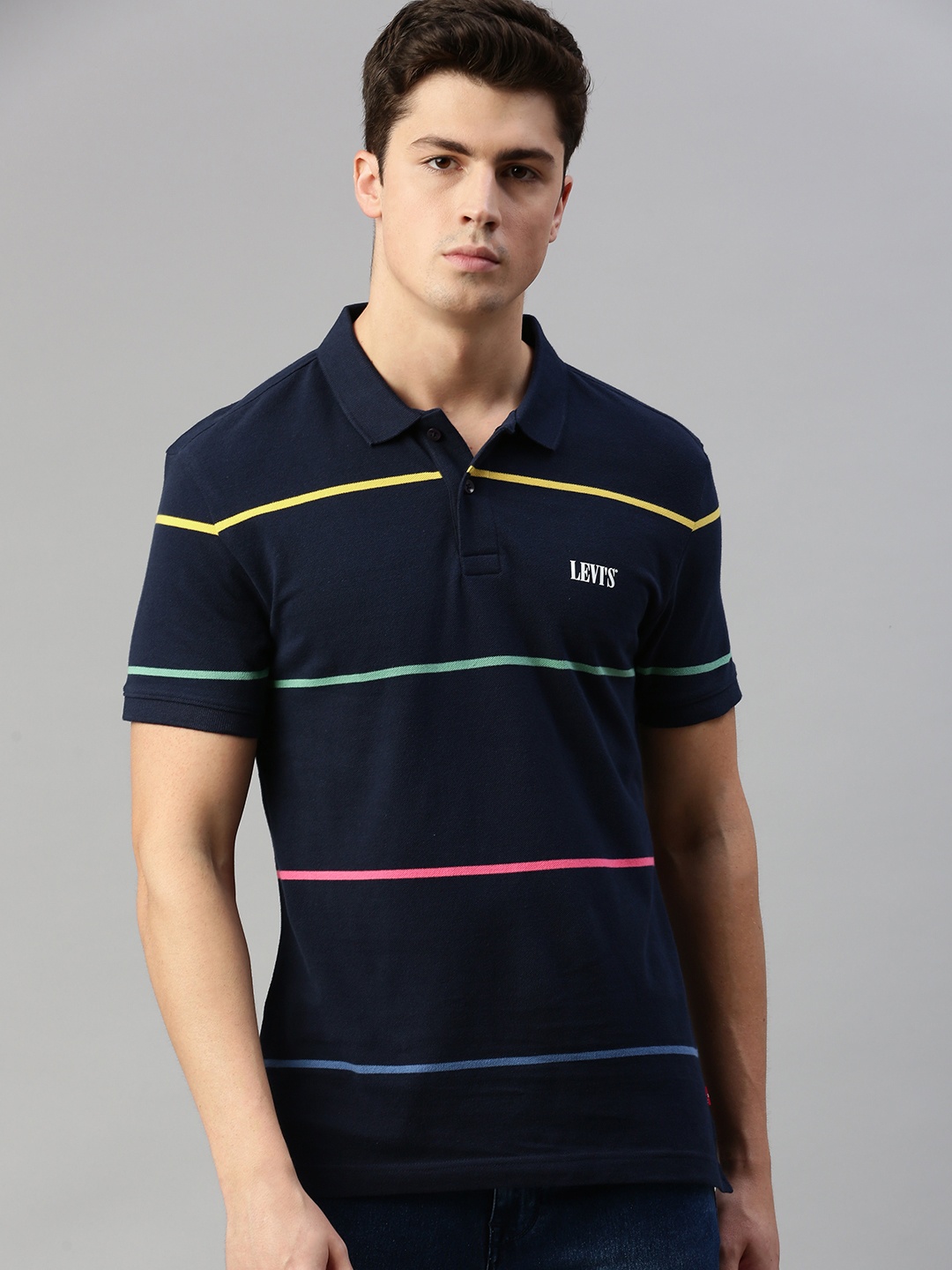 

Levis Men Navy Blue Pink Striped Slim Fit Polo Collar Pure Cotton T-shirt