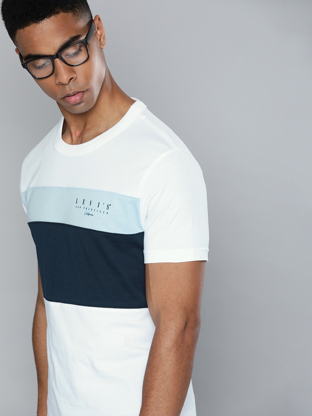 

Levis Men White Navy Blue Colourblocked Round Neck Pure Cotton T-shirt