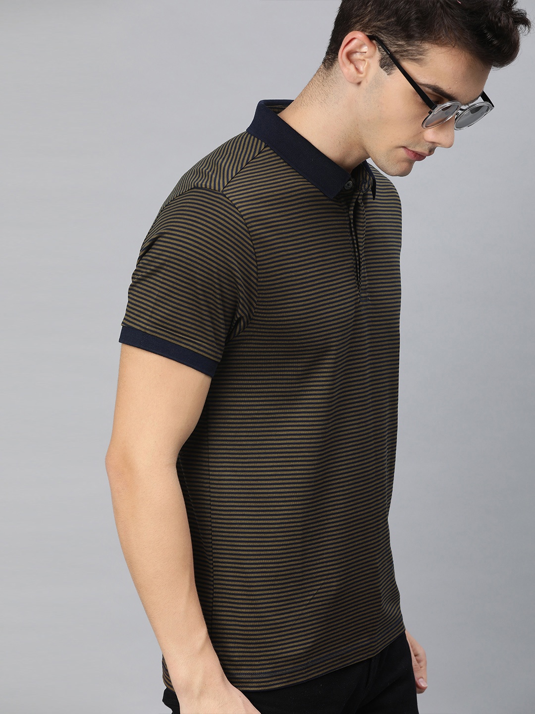 

Levis Men Brown and Blue Striped Polo Collar Pure Cotton T-shirt