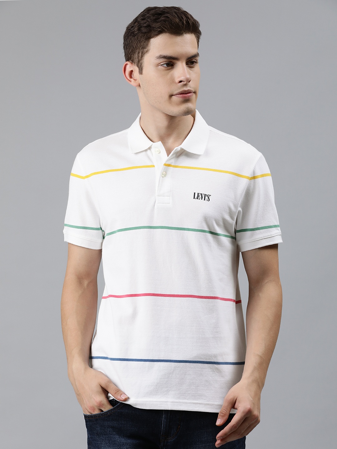 

Levis Men White Yellow Striped Slim Fit Polo Collar Pure Cotton T-shirt
