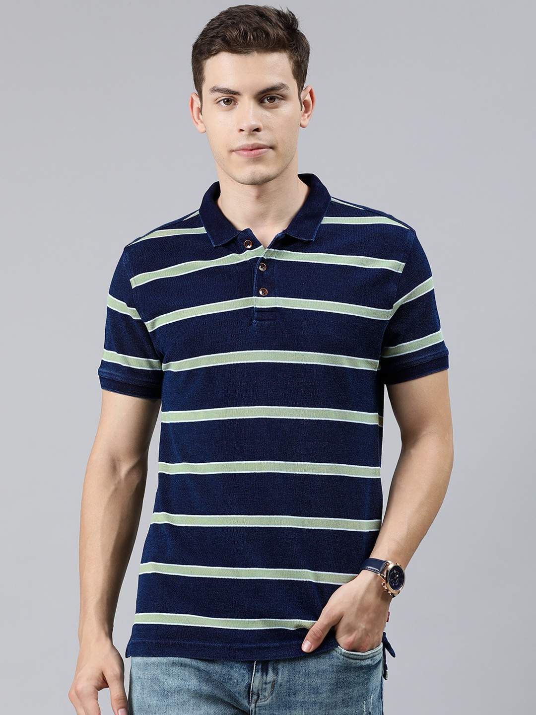 

Levis Men Navy Blue Green Striped Polo Collar Pure Cotton T-shirt