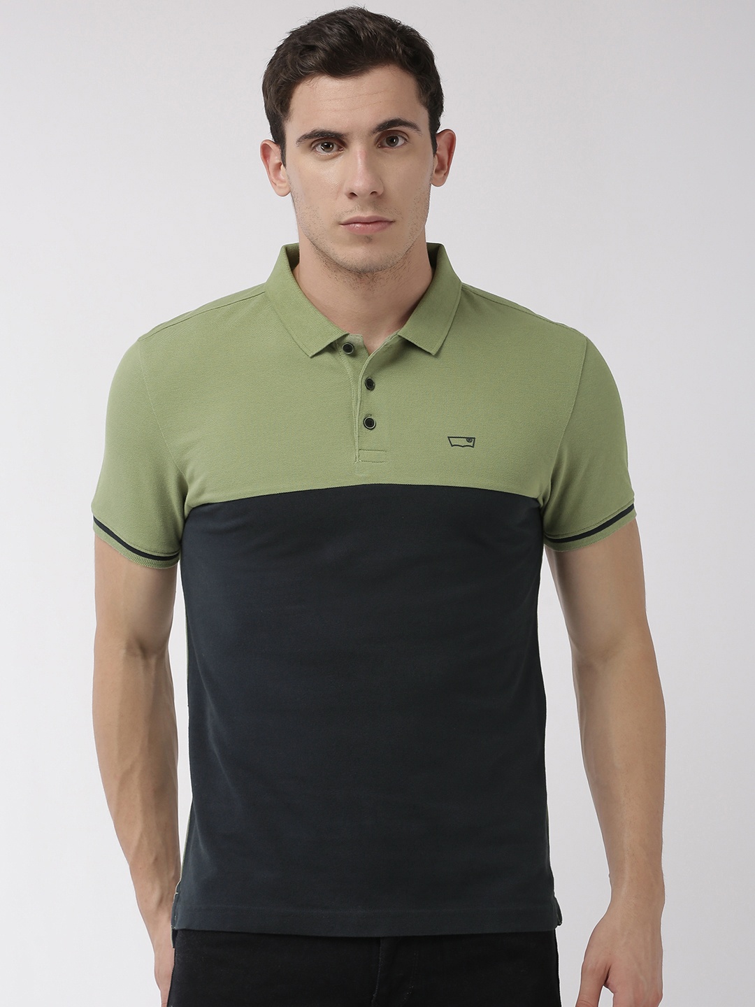 

Levis Men Olive Green Navy Blue Colourblocked Polo Collar Pure Cotton T-shirt