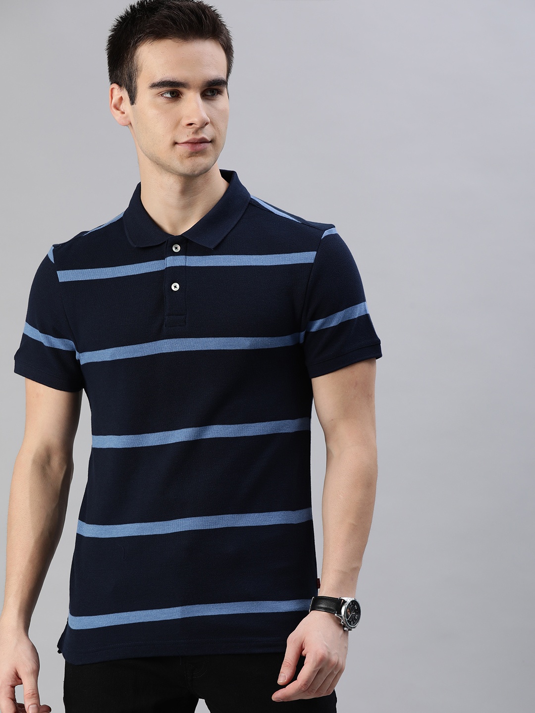 

Levis Men Navy Blue Slim Fit Striped Polo Collar Pure Cotton T-shirt