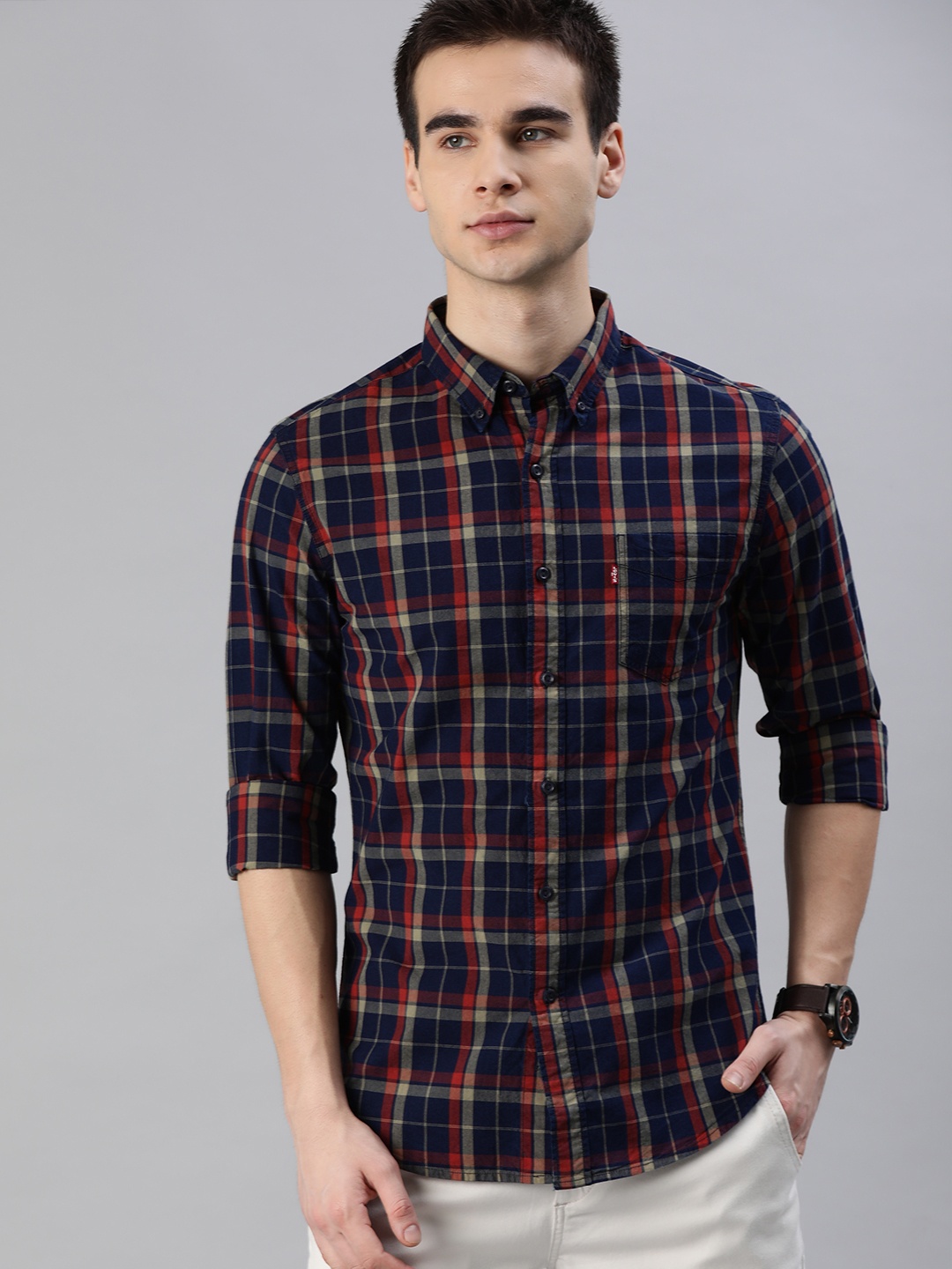 

Levis Men Navy Blue & Red Slim Fit Checked Casual Shirt