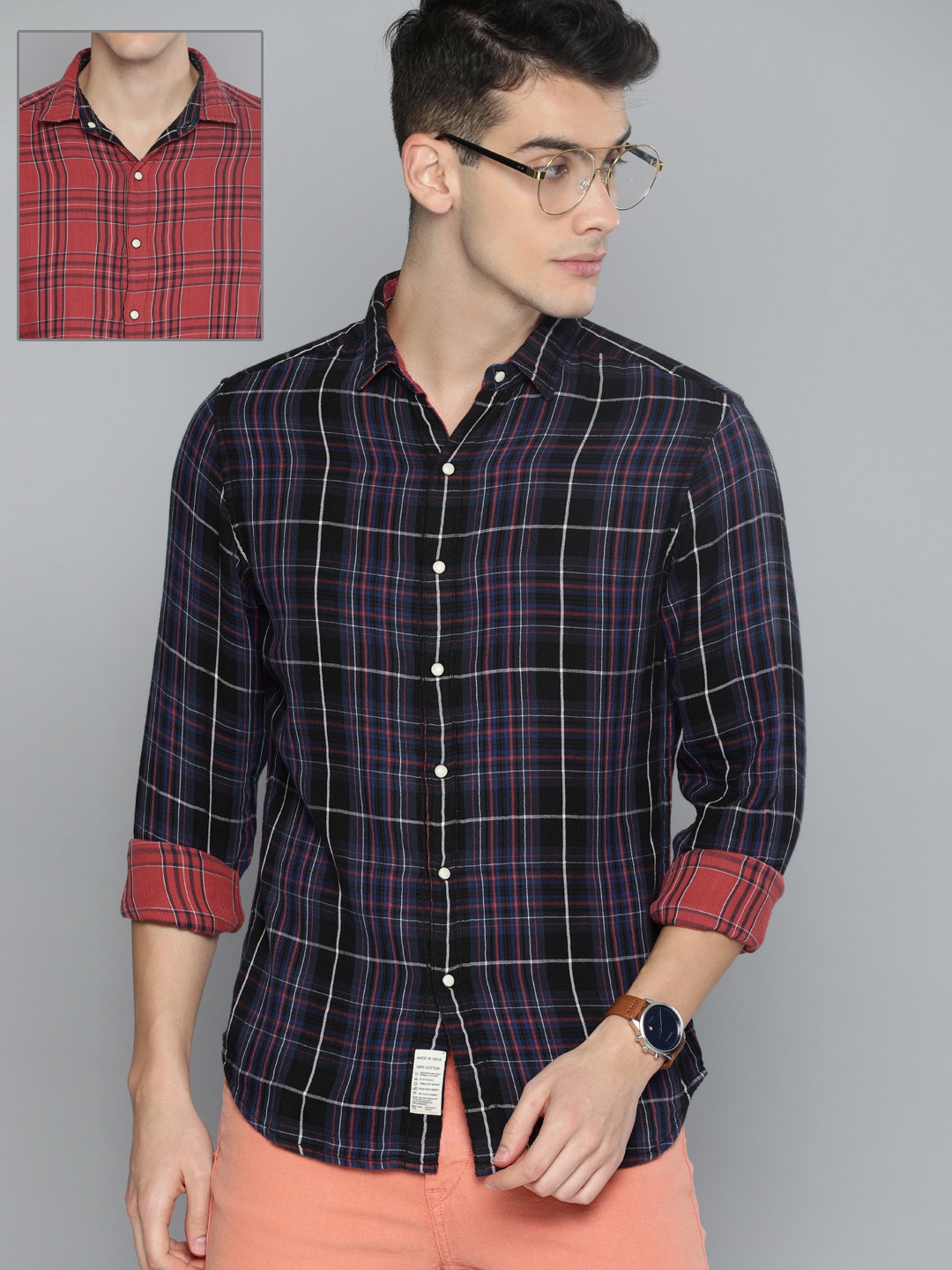 

Levis Men Black & Rust Red Regular Fit Checked Reversible Casual Shirt
