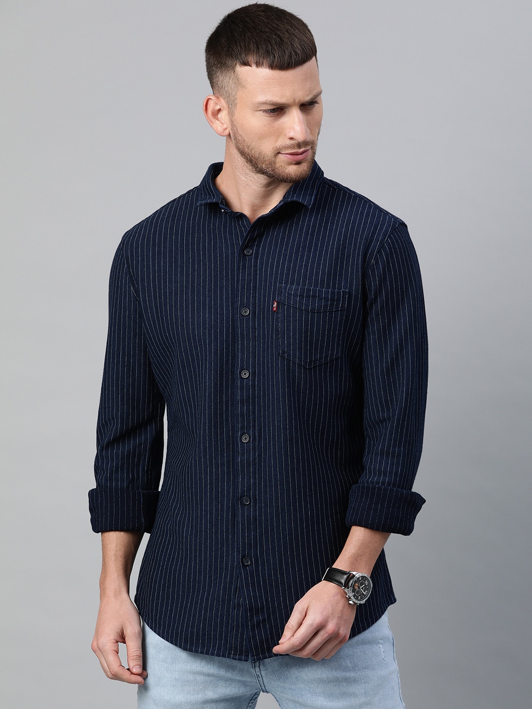 

Levis Men Navy Blue & White Regular Fit Self Striped Casual Shirt With Sunset Pocket