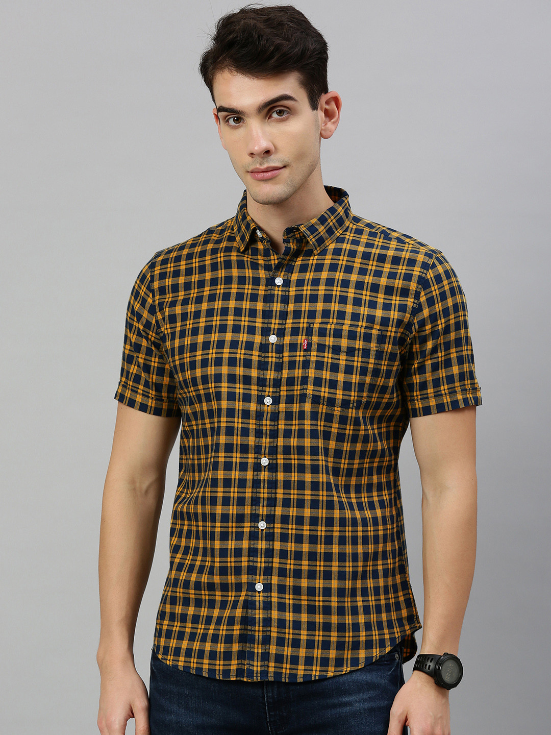 

Levis Men Mustard Yellow & Navy Blue Slim Fit Checked Casual Shirt
