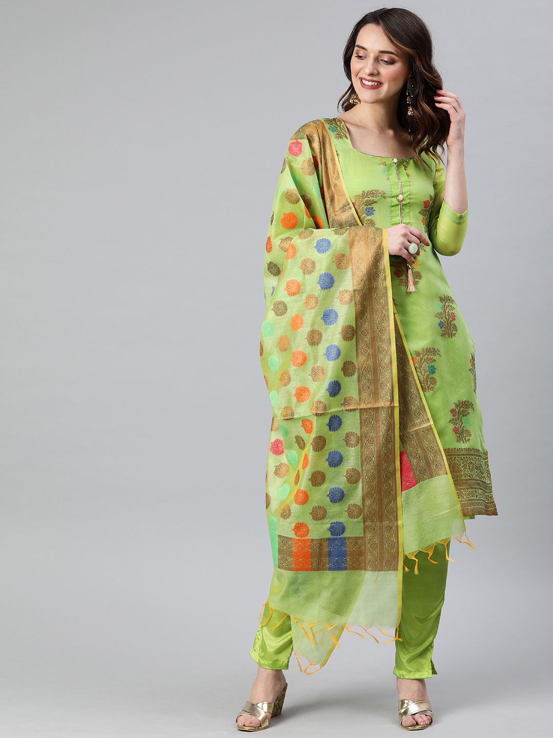 

Rajnandini Green Silk Blend Unstitched Dress Material