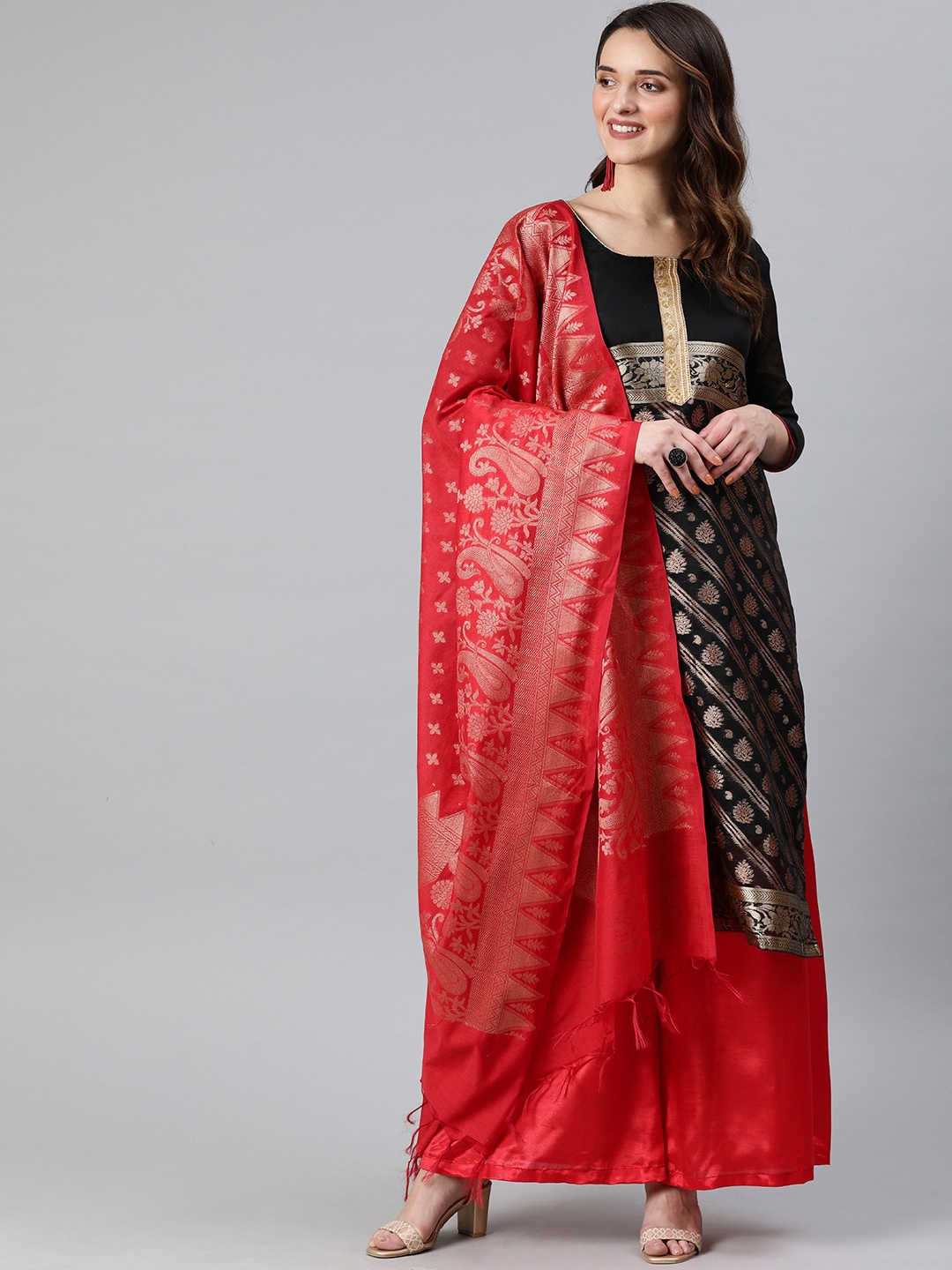 

Rajnandini Black & Red Woven Design Banarasi Silk Blend Unstitched Dress Material