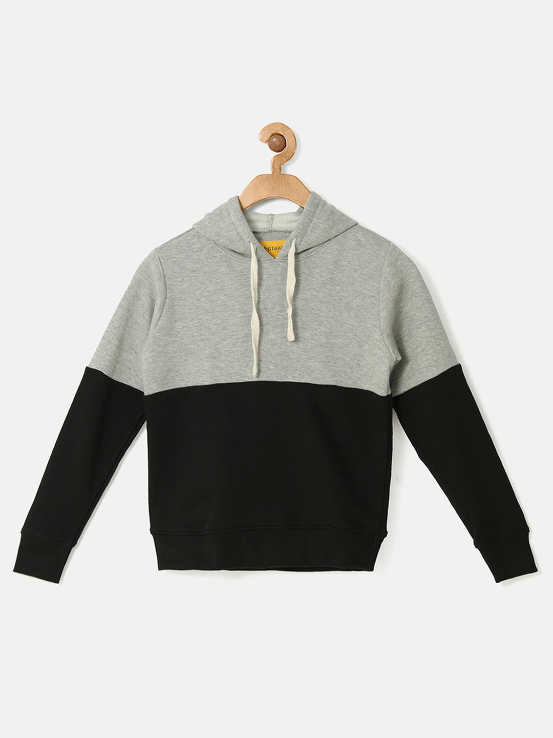 

Instafab Boys Grey Melange & Black Colourblocked Hooded Sweatshirt