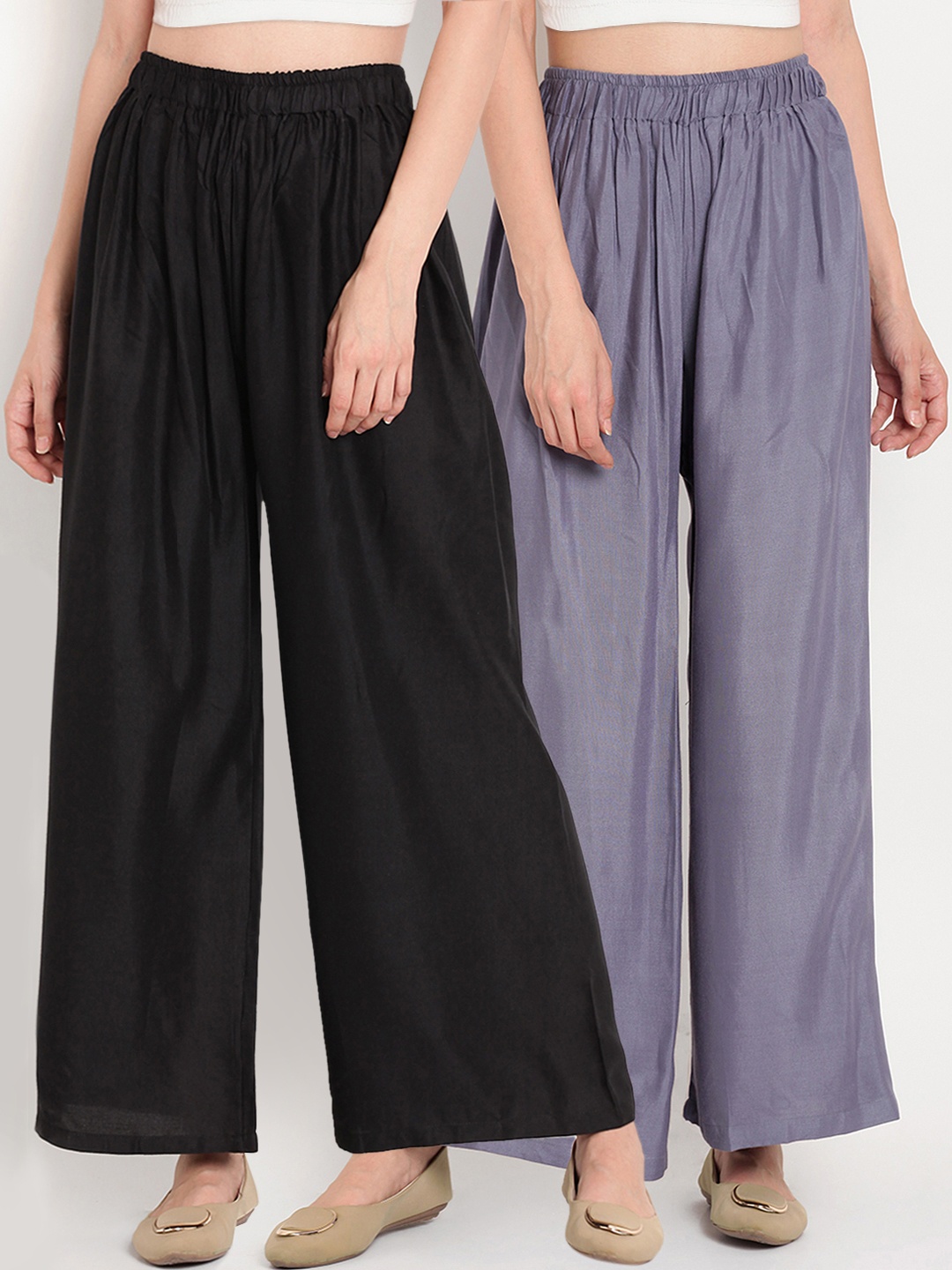 

TAG 7 Women Pack Of 2 Black & Grey Solid Flared Palazzos