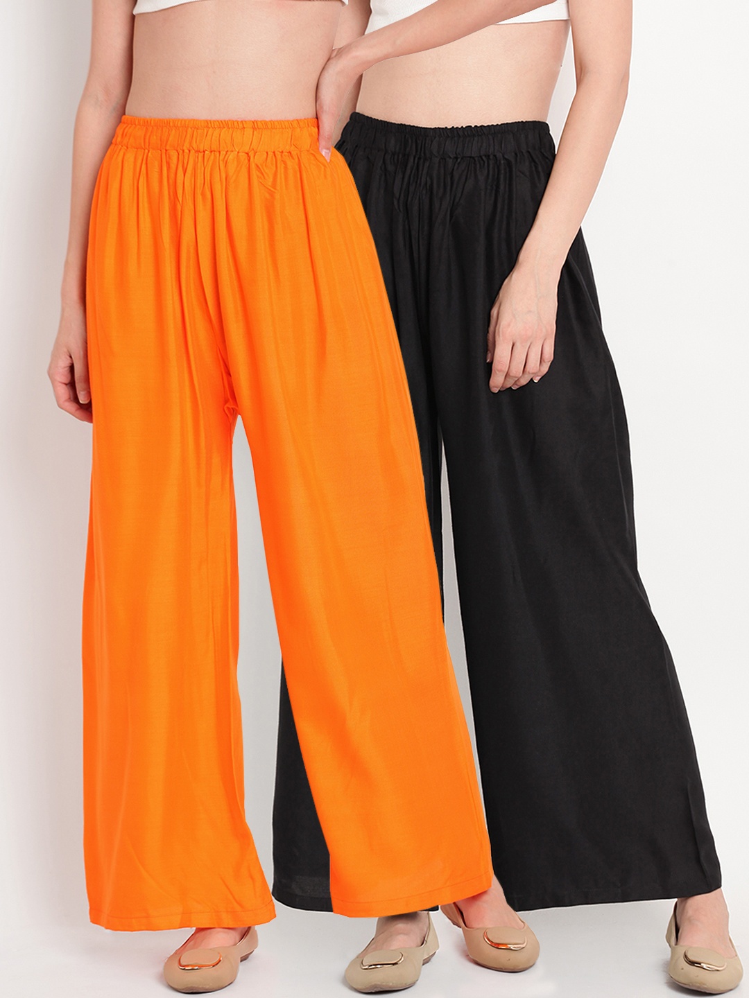 

TAG 7 Women Pack Of 2 Black & Orange Solid Flared Palazzos