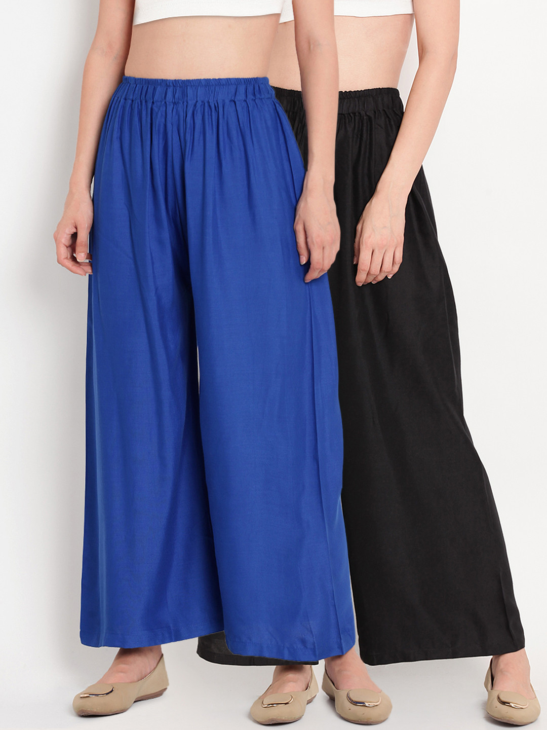 

TAG 7 Women Pack Of 2 Black & Blue Solid Flared Palazzos