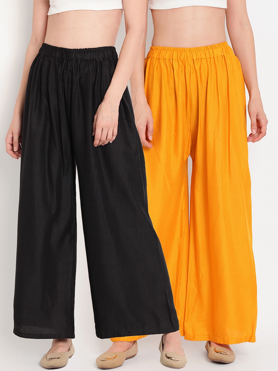 

TAG 7 Women Set of 2 Black & Yellow Solid Flared Palazzos