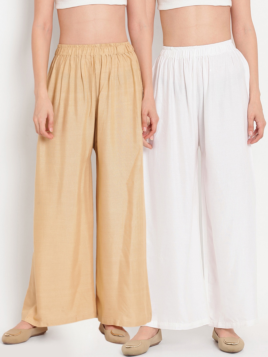 

TAG 7 Women Pack of 2 Solid Flared Palazzos, White