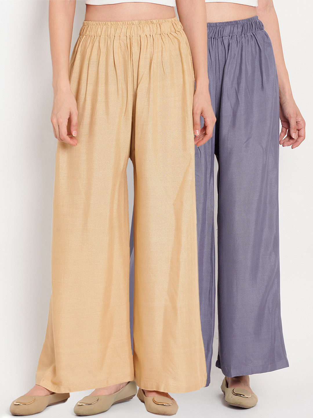 

TAG 7 Women Pack of 2 Solid Flared Palazzos, White