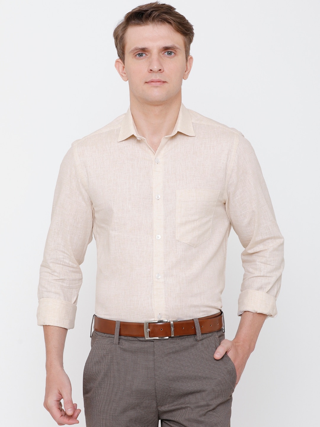 

CAVALLO by Linen Club Men Beige Solid Linen Cotton Sustainable Formal Shirt