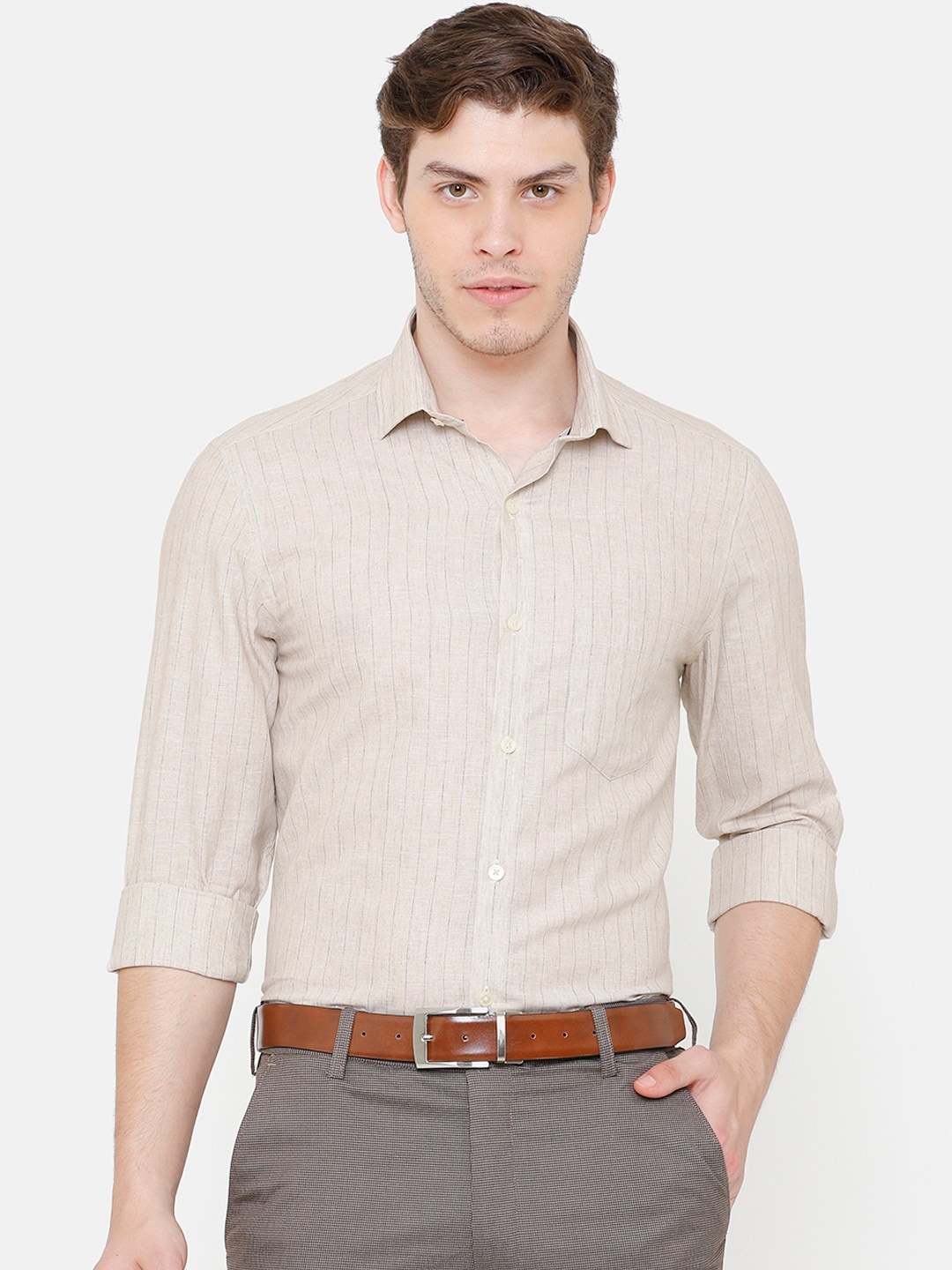 

CAVALLO by Linen Club Men Beige Linen Cotton Regular Fit Striped Formal Shirt