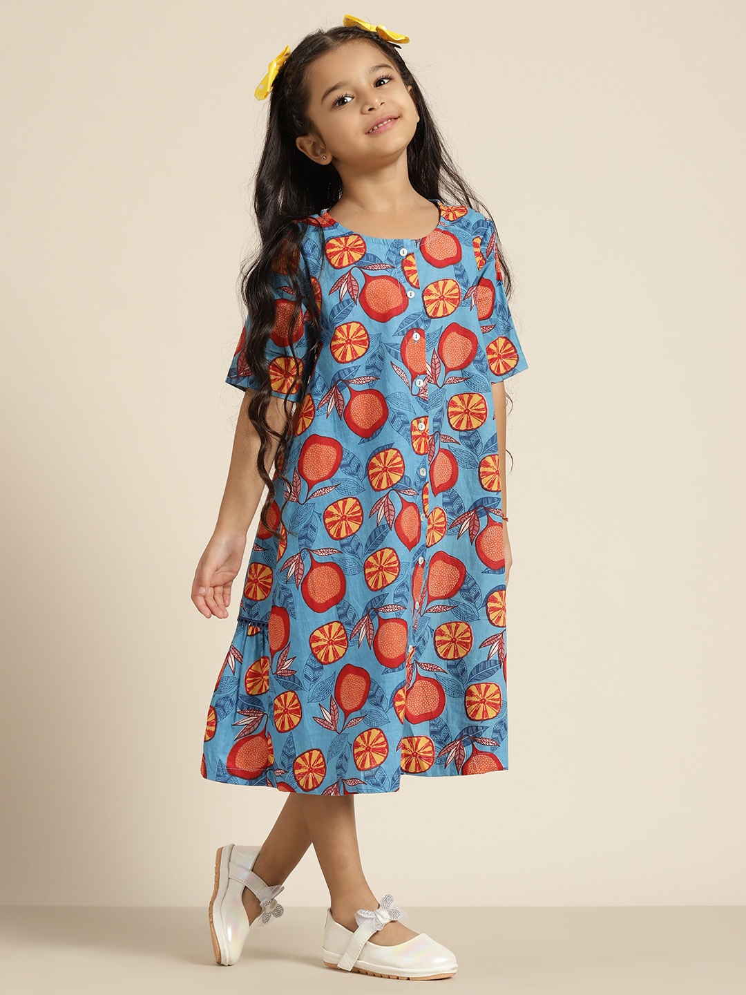 

Sangria Girls Blue & Orange Quirky Print Cotton A-Line Dress