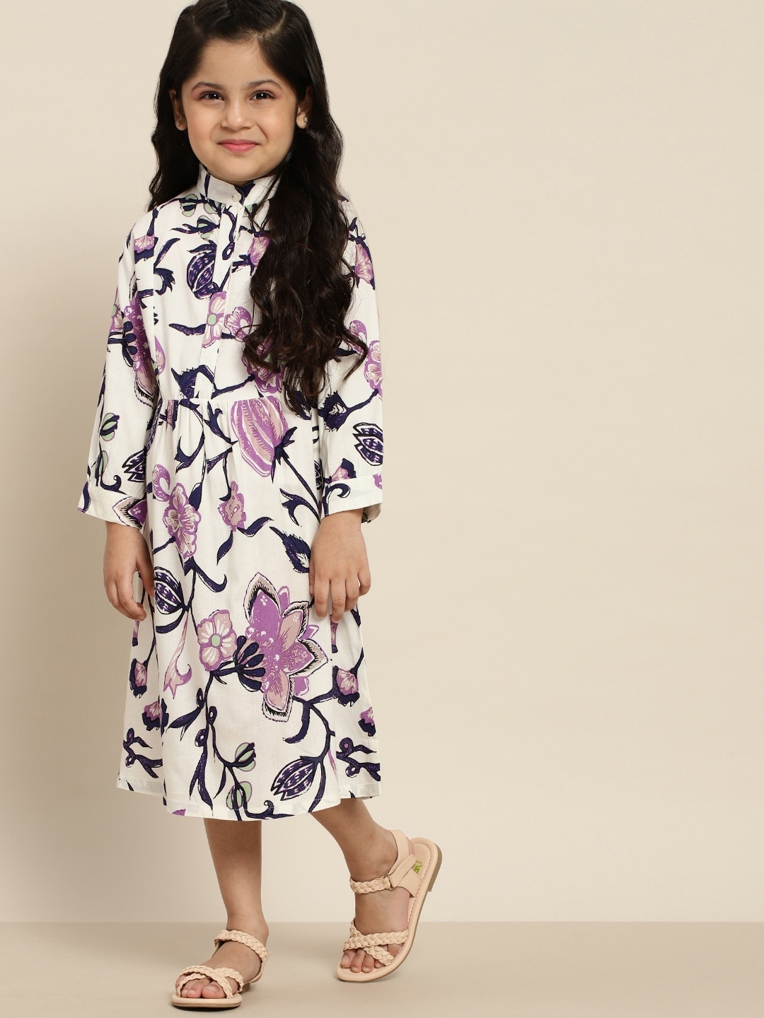 

Sangria Girls Off-White & Purple Floral Print A-Line Dress