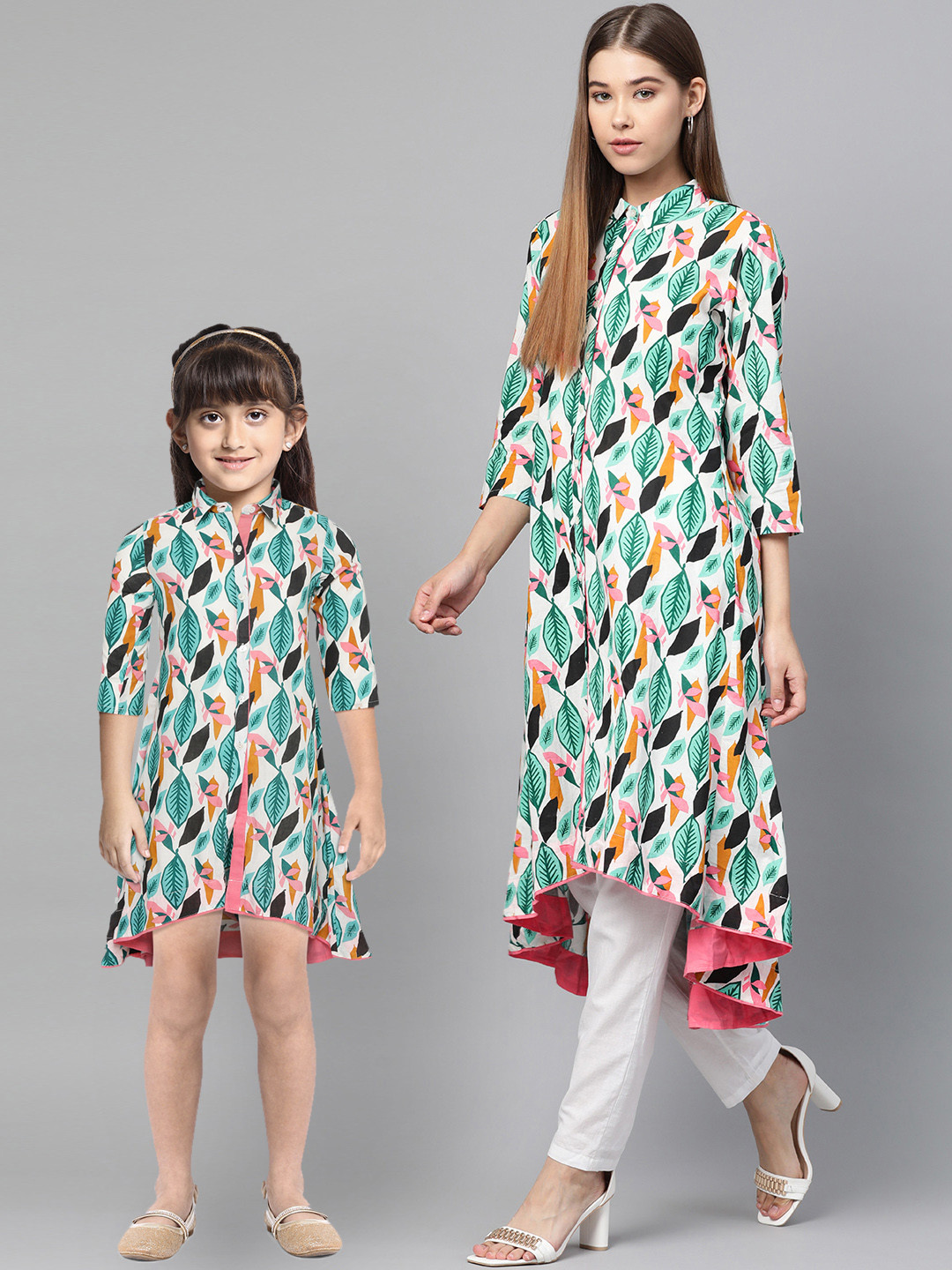 

Sangria Girls White & Green Leaf Print A-Line Kurta