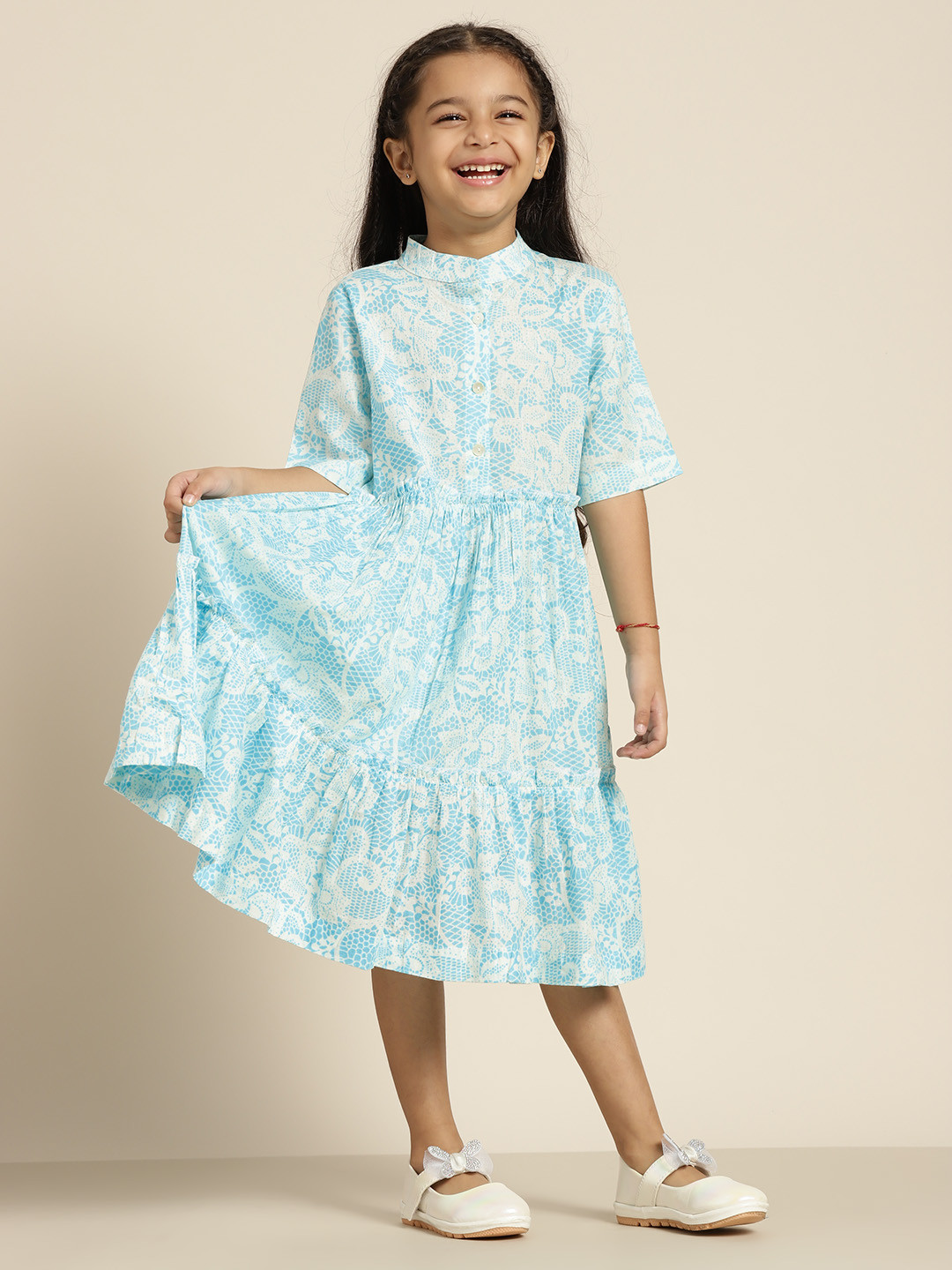 

Sangria Girls Blue & White Ethnic Print Tiered A-Line Dress