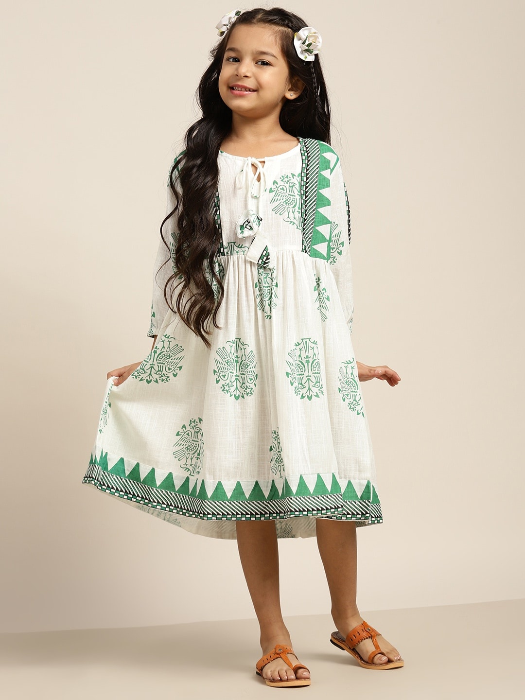 

Sangria Girls Off-White & Green Printed A-Line Dress
