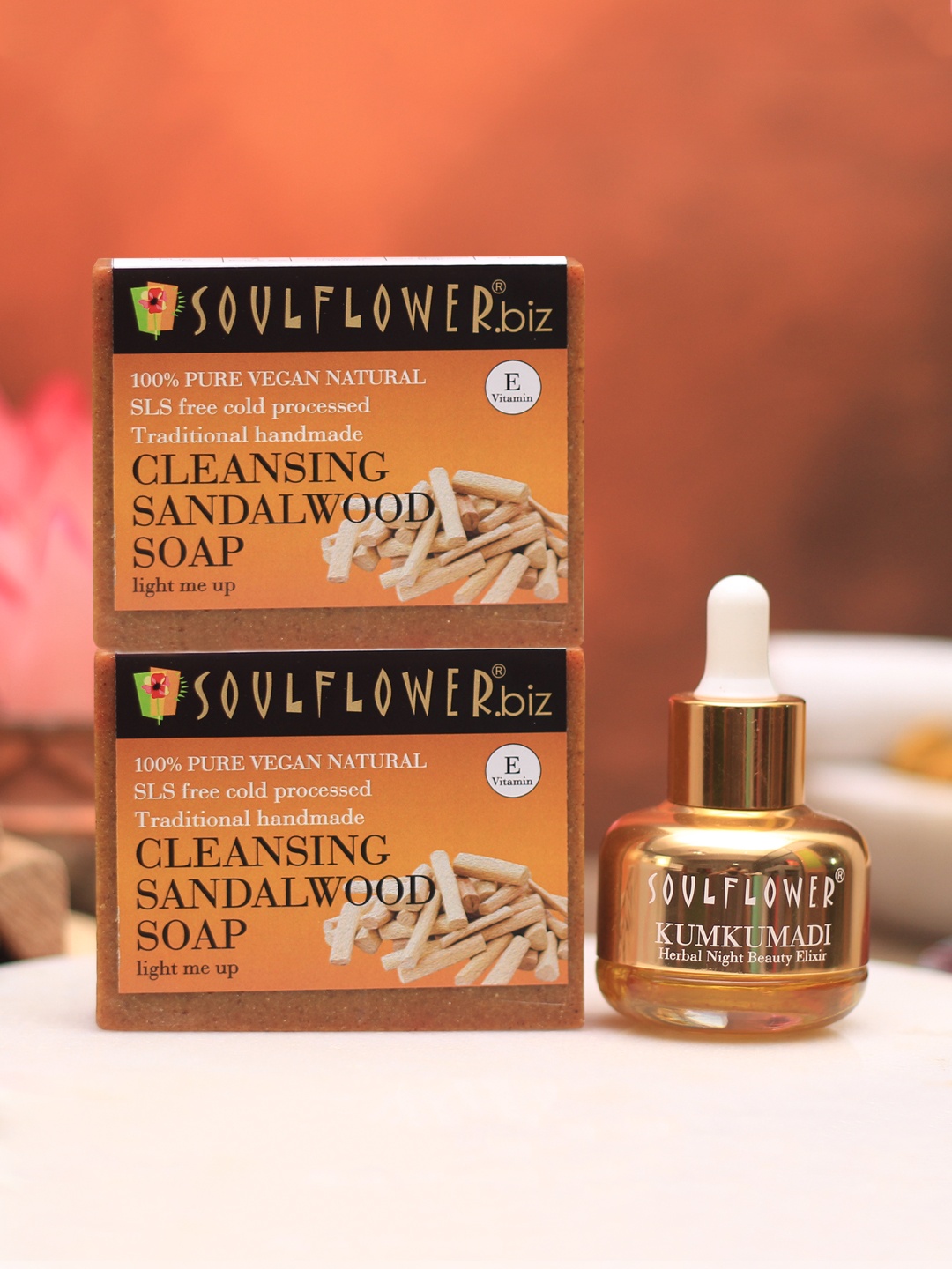 

Soulflower Set of 2 Sandalwood Soaps & Kumkumadi Night Beauty Elixir, Yellow
