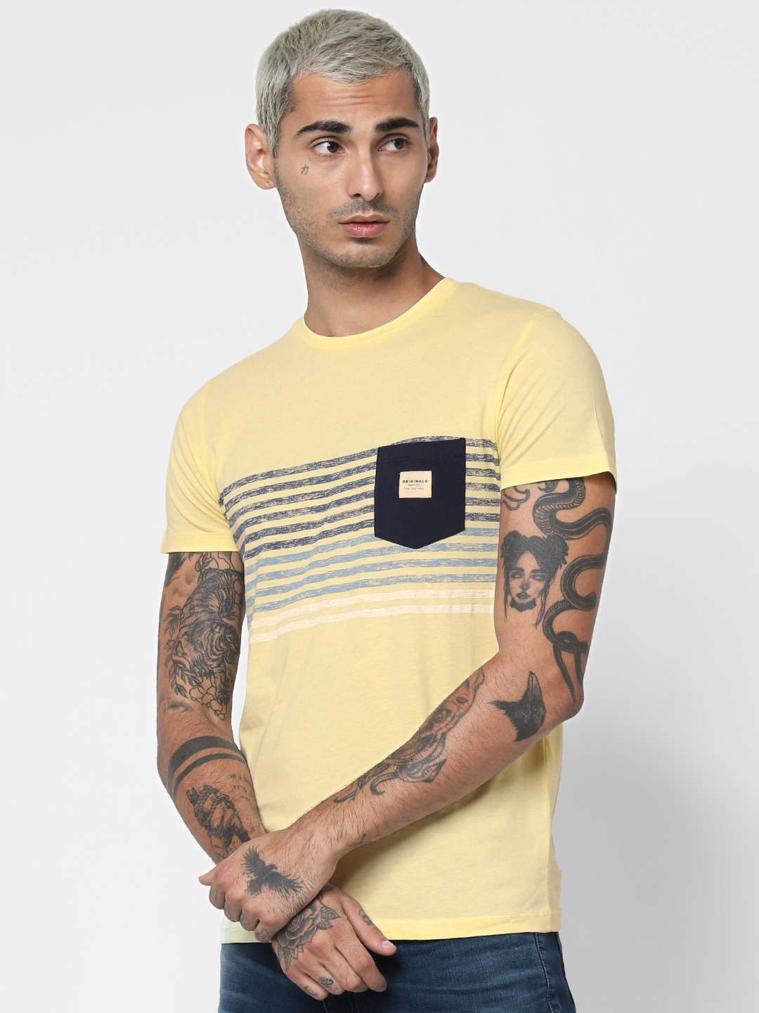 

Jack Jones Men Yellow Blue Slim Fit Striped Round Neck Pure Cotton T-shirt