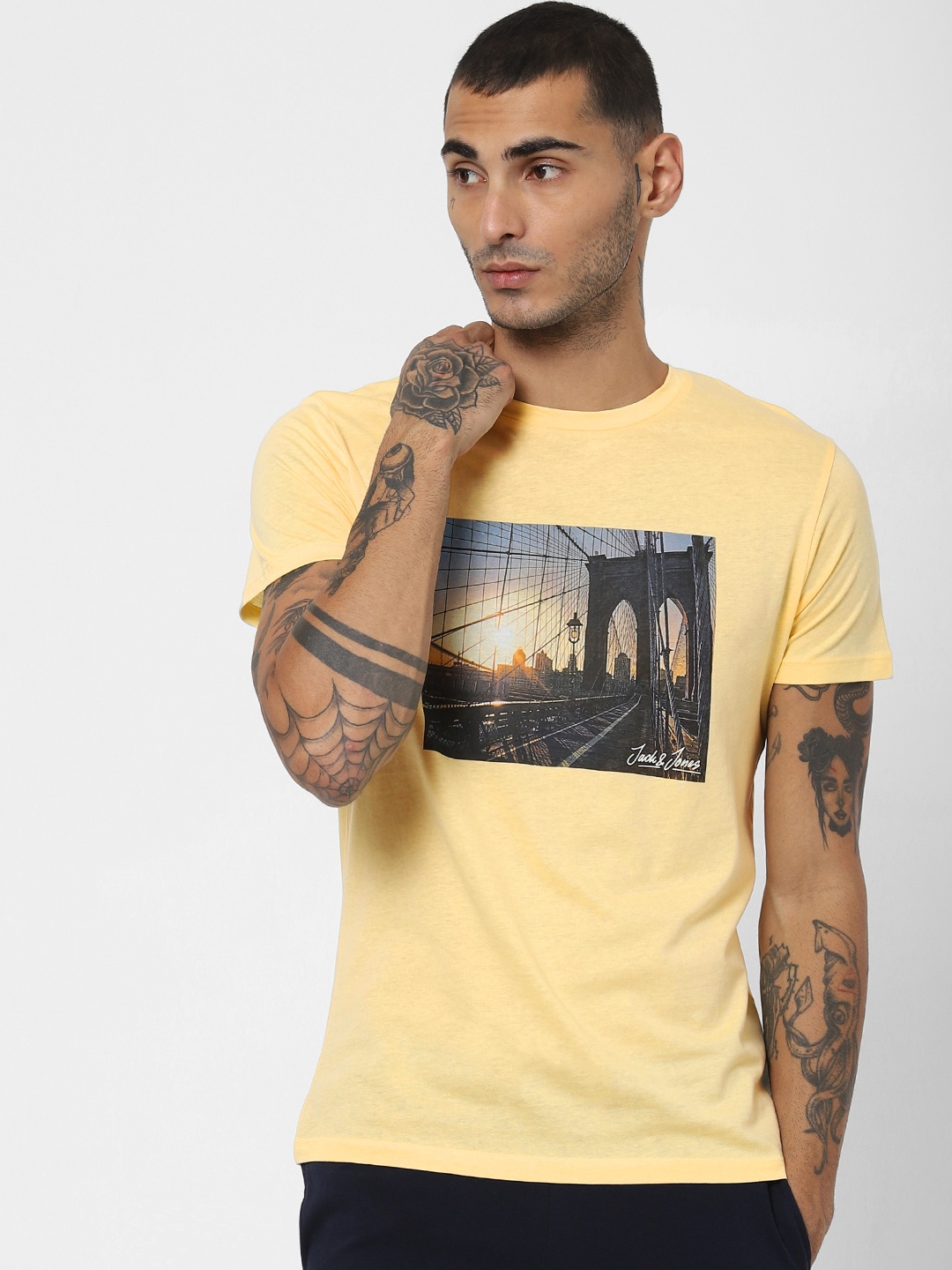 

Jack Jones Men Yellow Slim Fit Printed Round Neck Pure Cotton T-shirt