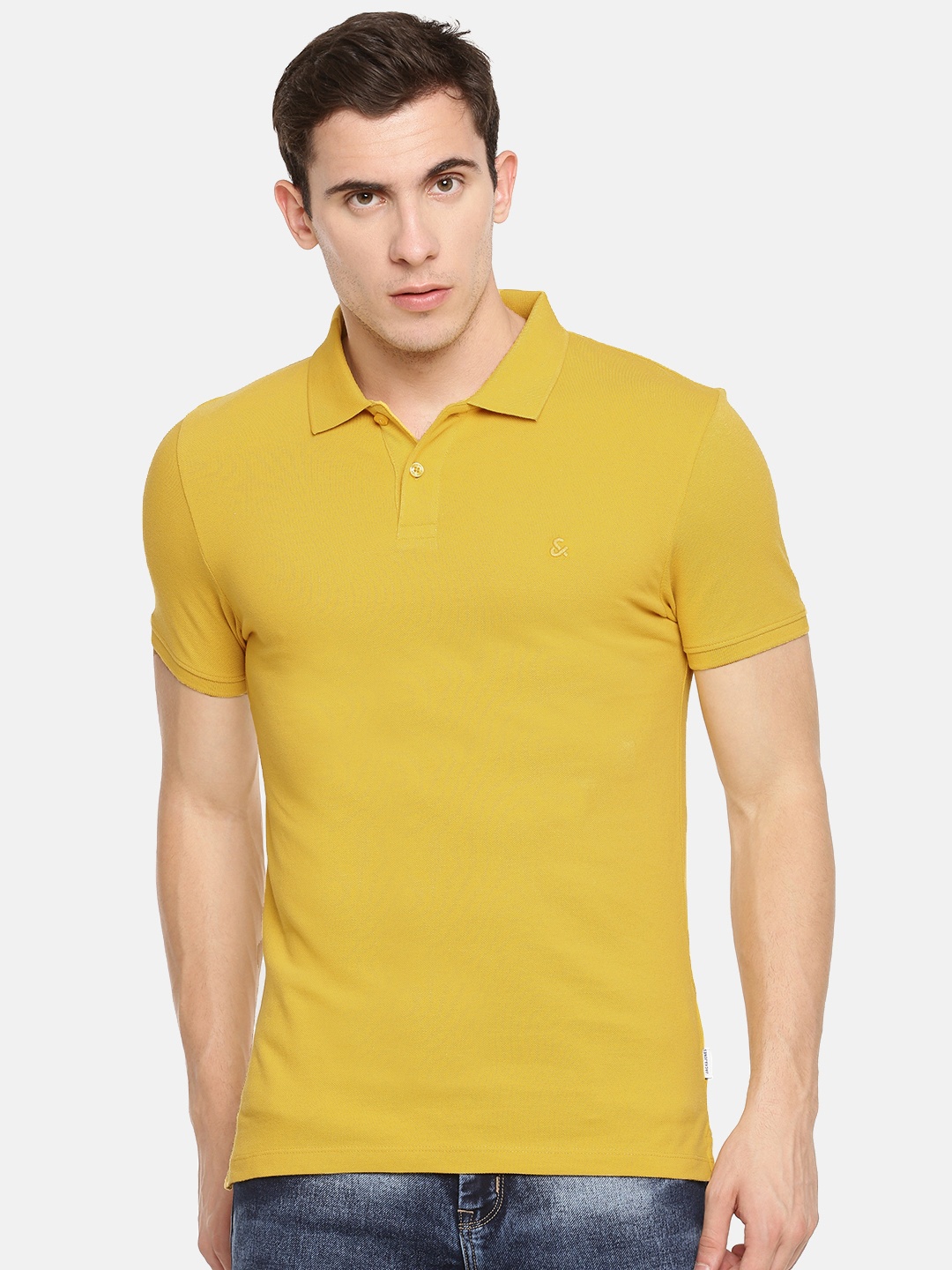 

Jack Jones Men Mustard Yellow Slim Fit Solid Polo Collar Pure Cotton T-shirt