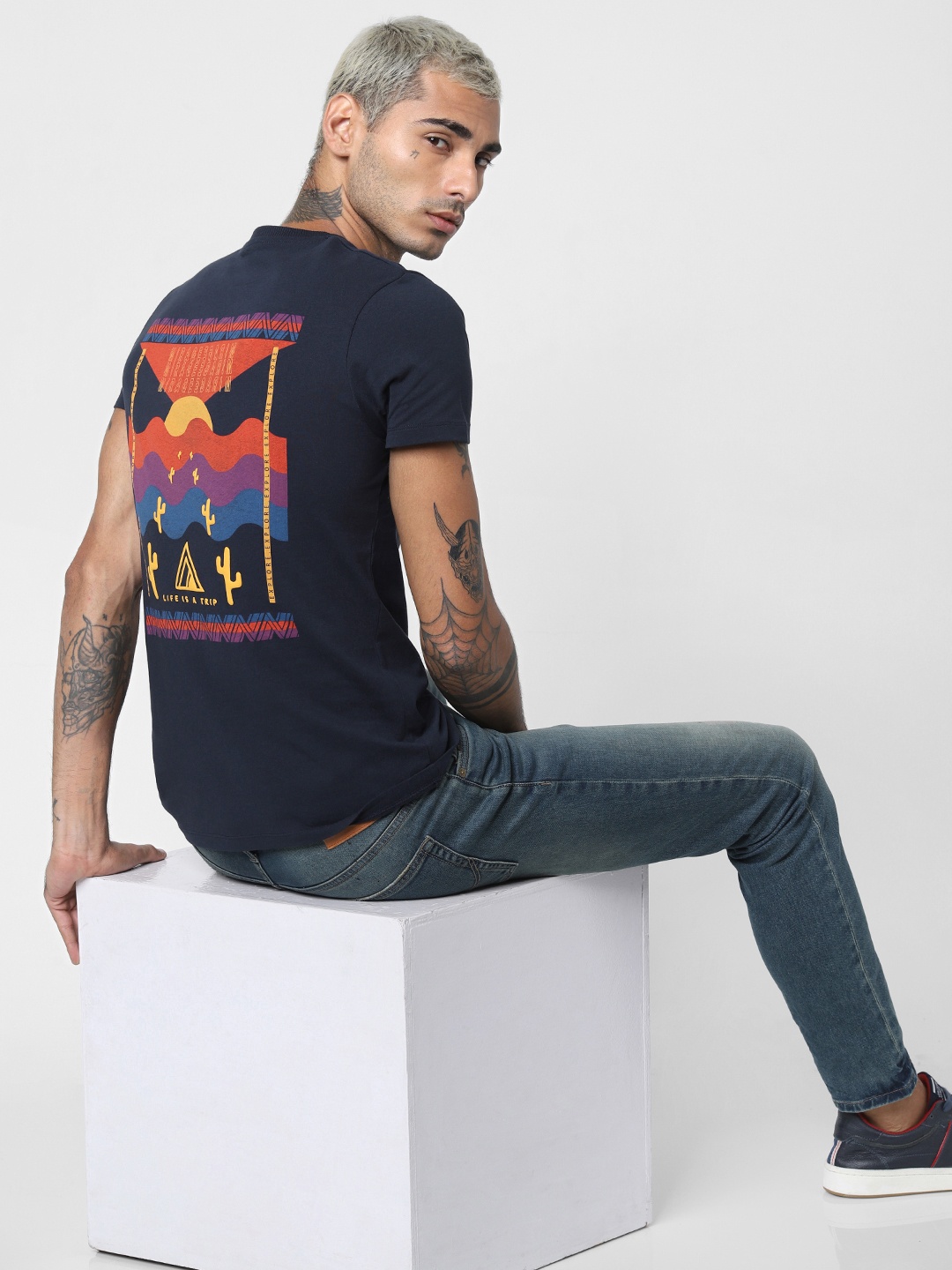 

Jack Jones Men Navy Blue Slim Fit Printed Round Neck Pure Cotton T-shirt