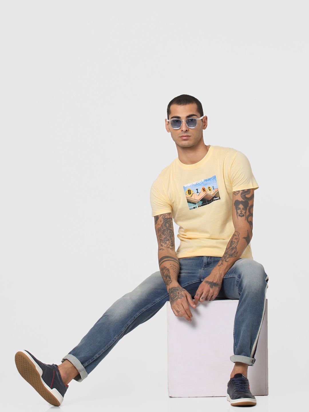 

Jack Jones Men Yellow Slim Fit Printed Round Neck Pure Cotton T-shirt