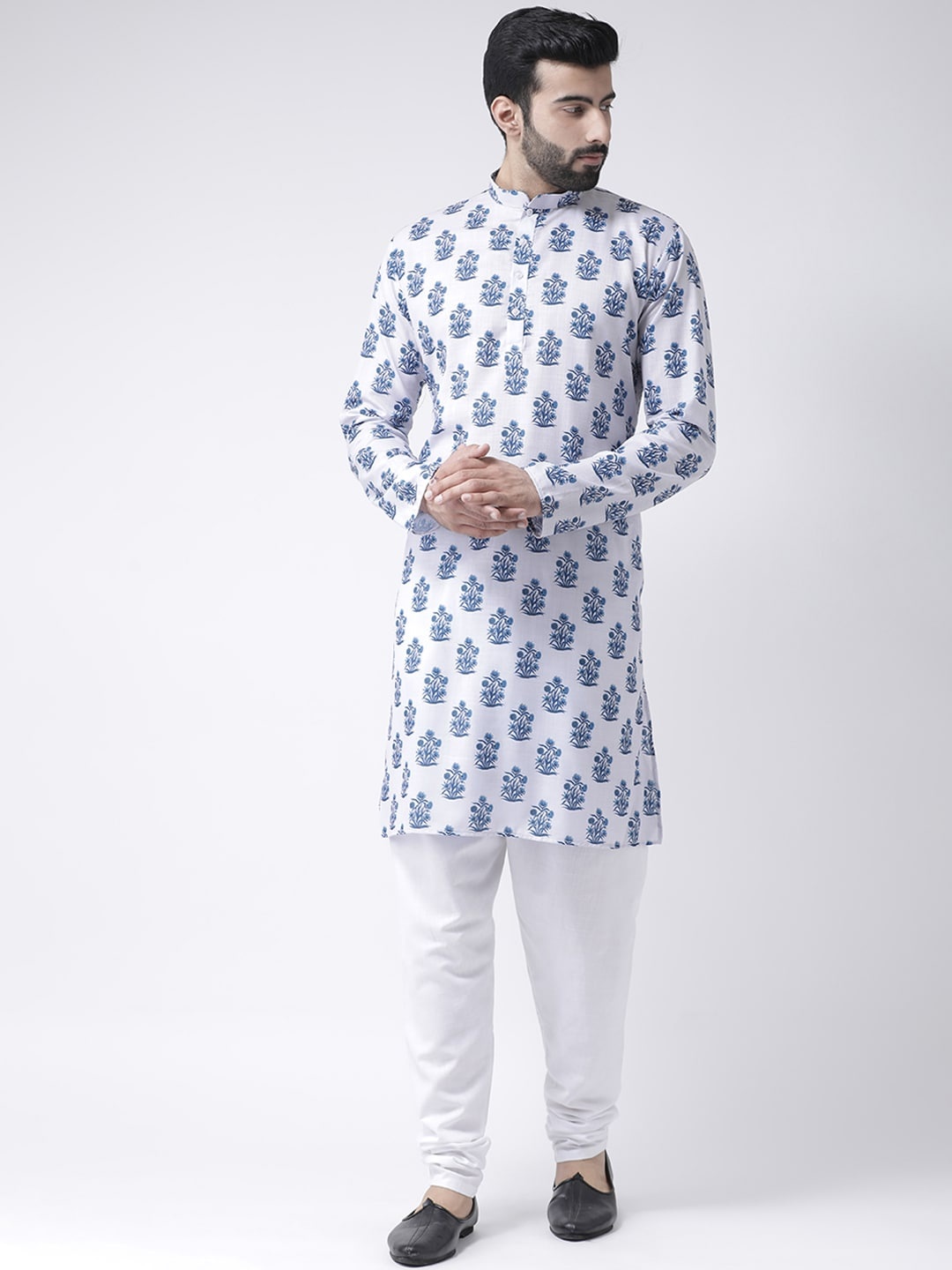 

Hangup Men White & Blue Printed Kurta with Pyjama