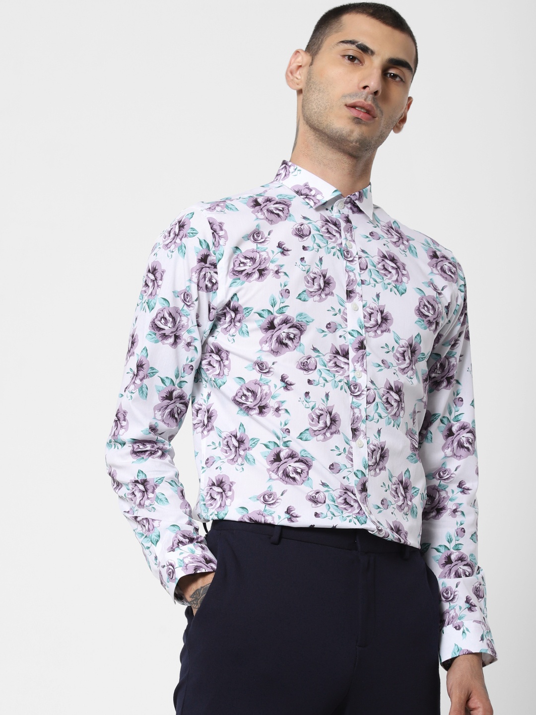 

Jack & Jones Men White & Lavender Slim Fit Printed Smart Casual Shirt