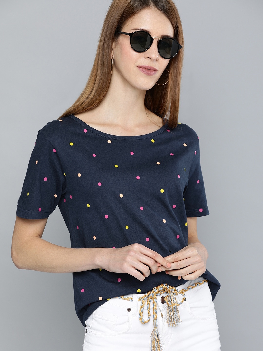 

HERENOW Women Navy Blue Printed Round Neck Pure Cotton T-shirt