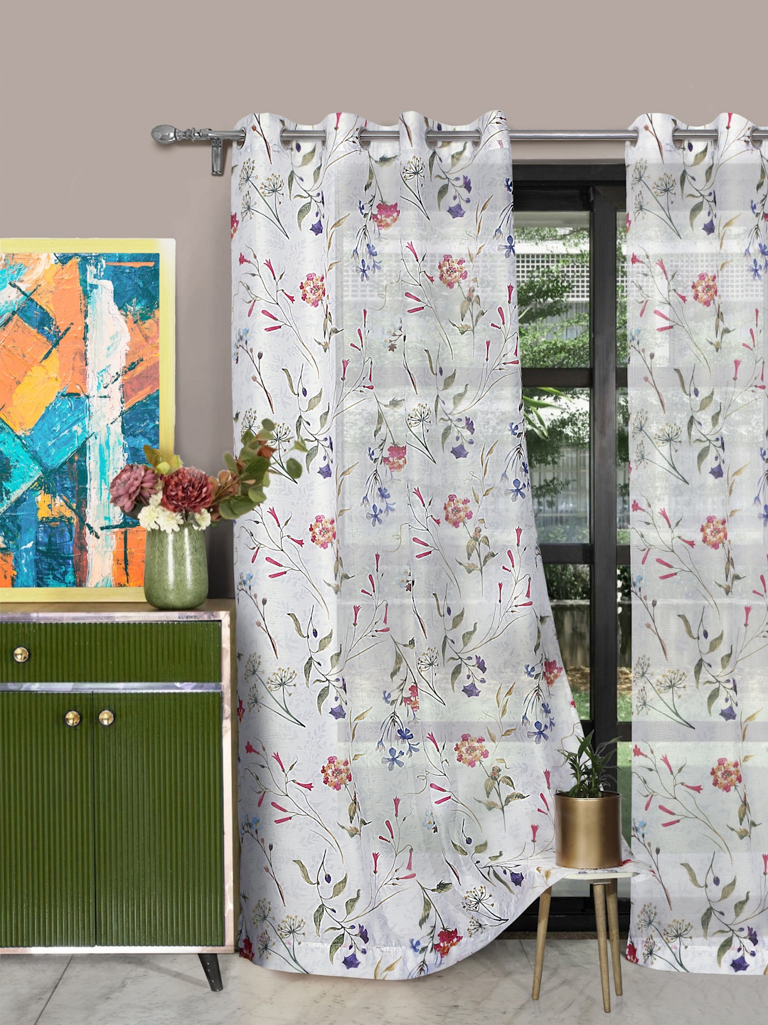 ROSARA HOME White & Red Floral Print Set of 2 Door Curtains