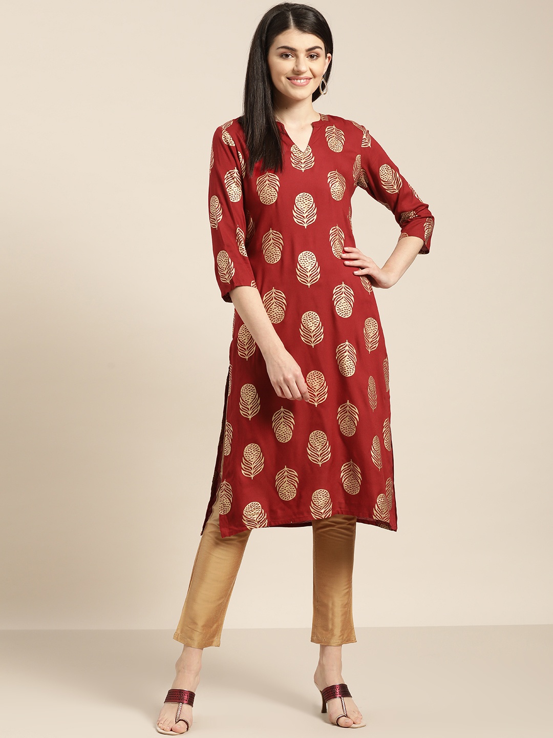 

Sangria Women Rust Red & Golden Printed Straight Kurta