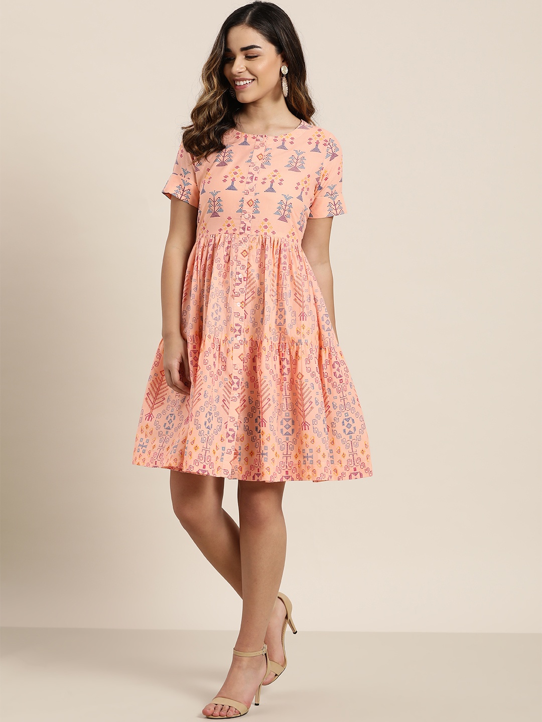 

Sangria Peach-Coloured & Blue Geometric Printed A-Line Tiered Pure Cotton Dress