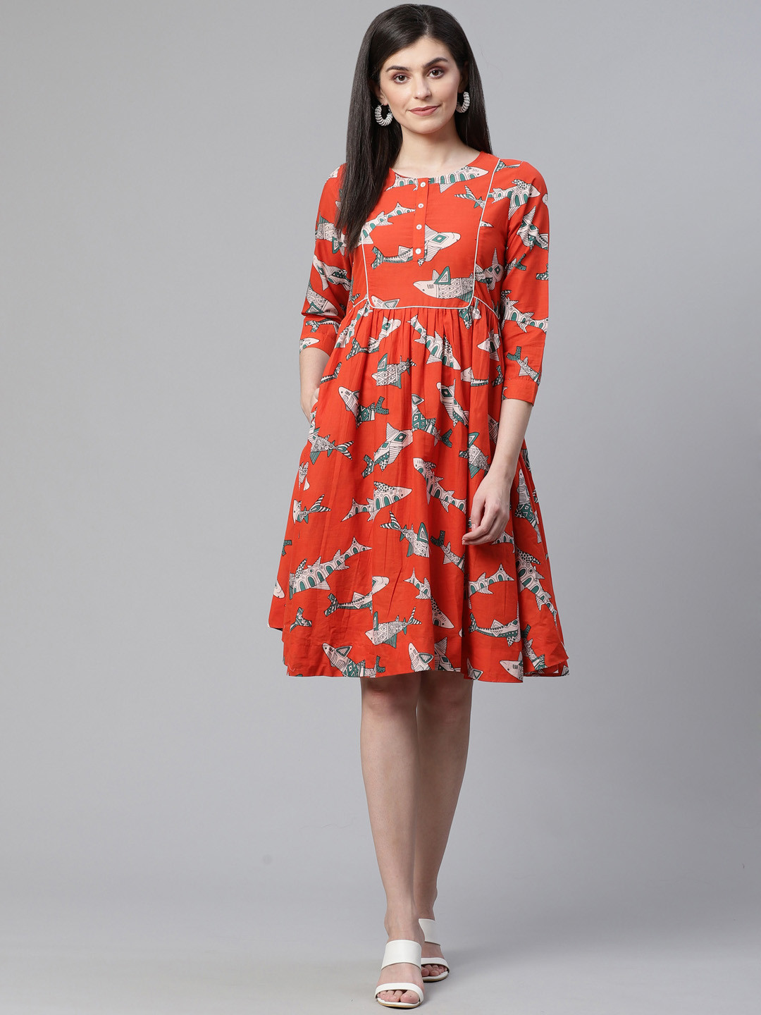

Sangria Women Orange & Off-White Conversational Printed A-Line Dress