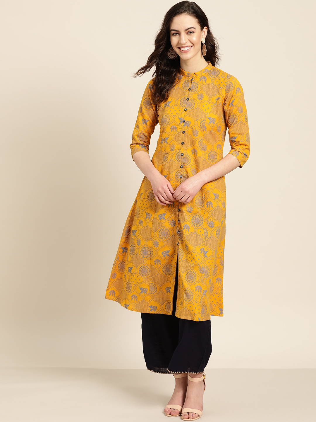 

Sangria Women Mustard Yellow & Blue Printed A-Line Kurta