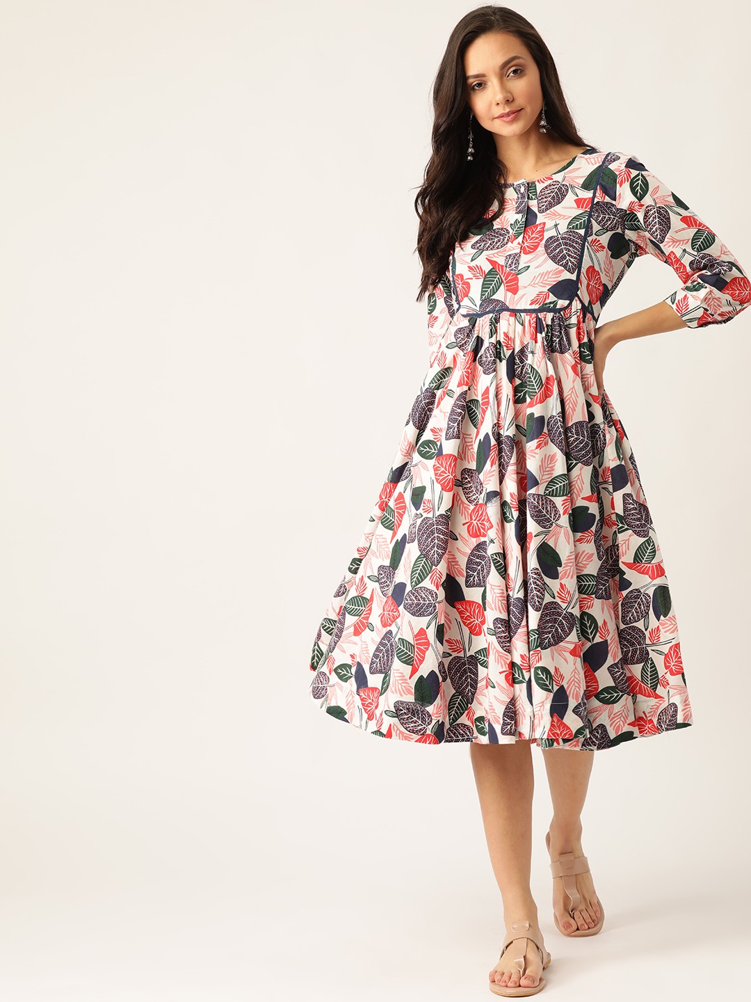 

Sangria Women White & Coral Red Printed A-Line Dress