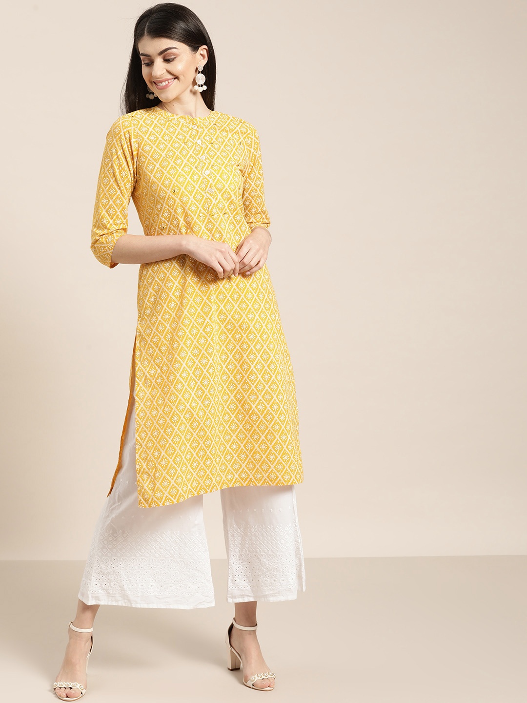 

Sangria Women Mustard Yellow & White Printed Straight Kurta