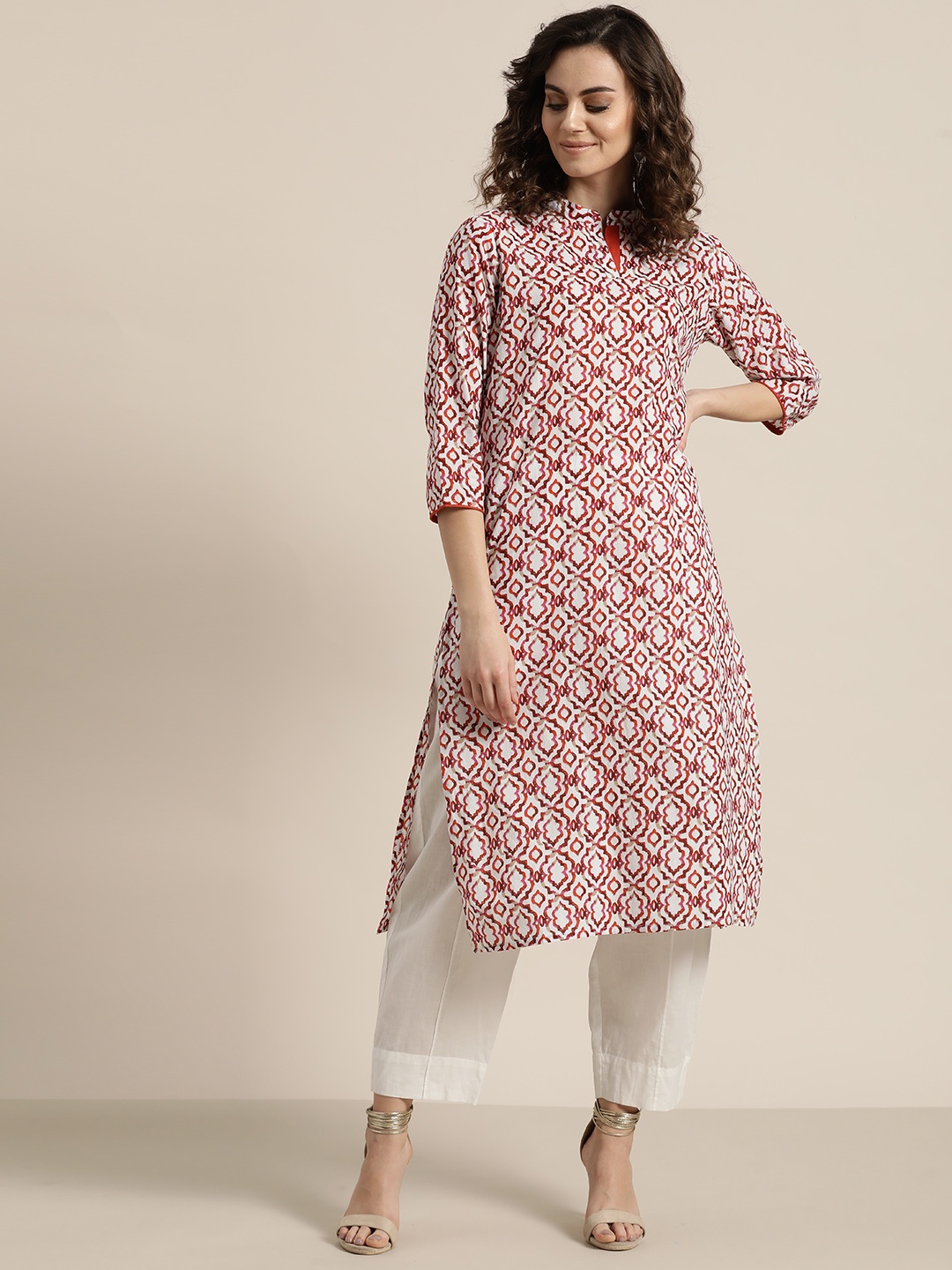 

Sangria Women Off-White & Rust Printed Straight Kurta