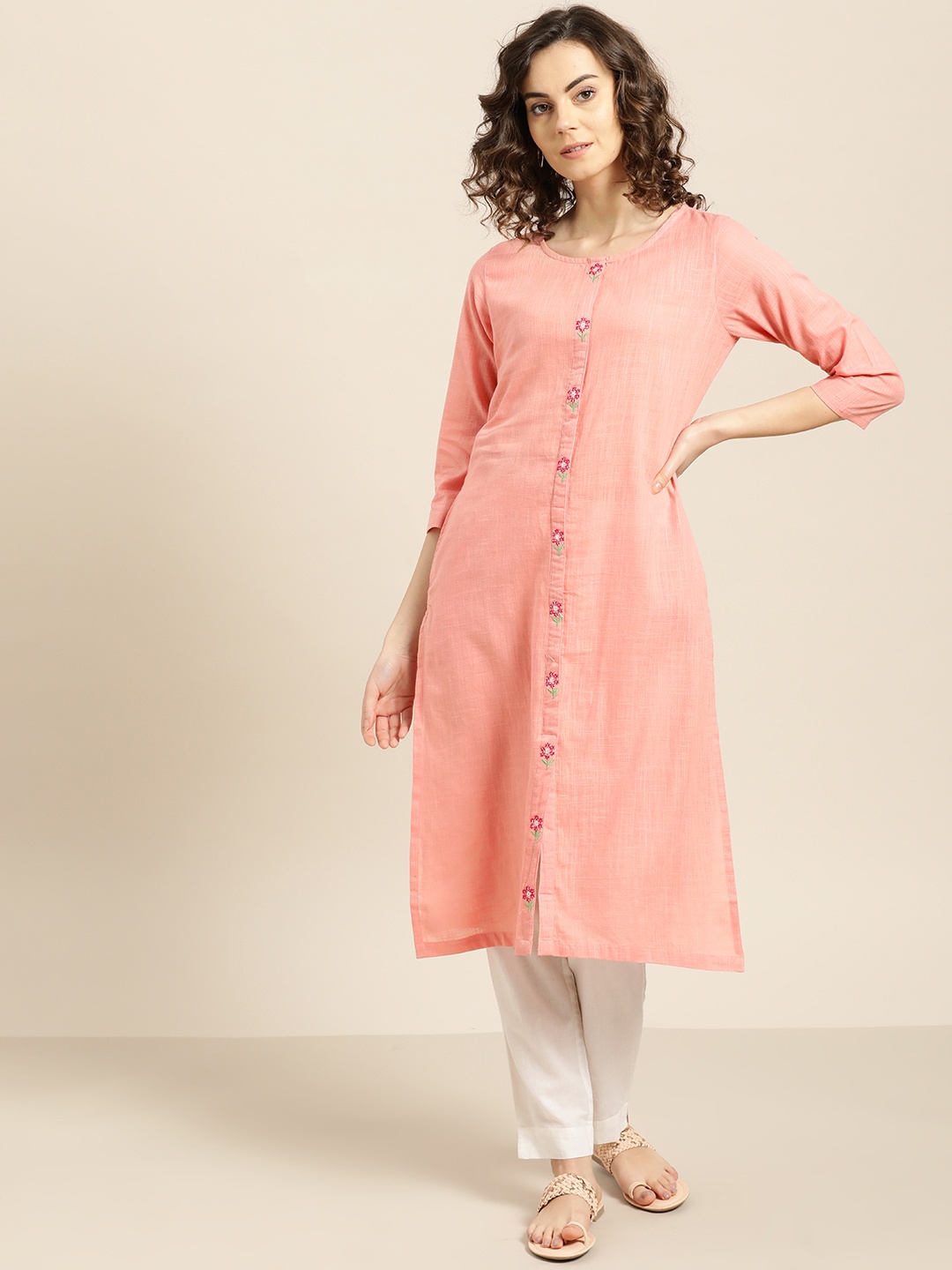 

Sangria Women Peach-Coloured Solid Straight Kurta