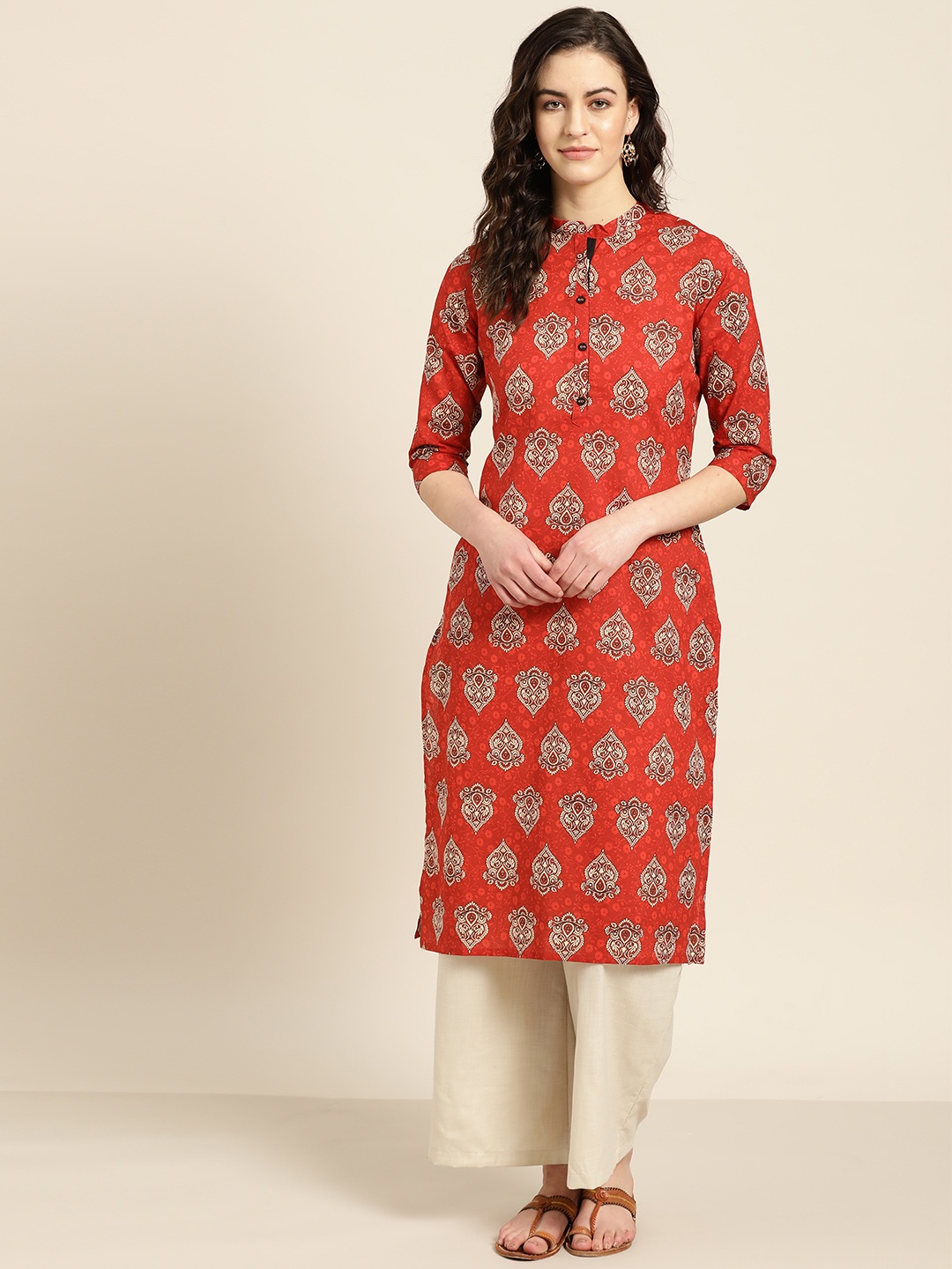 

Sangria Women Red & Off-White Printed Straight Kurta