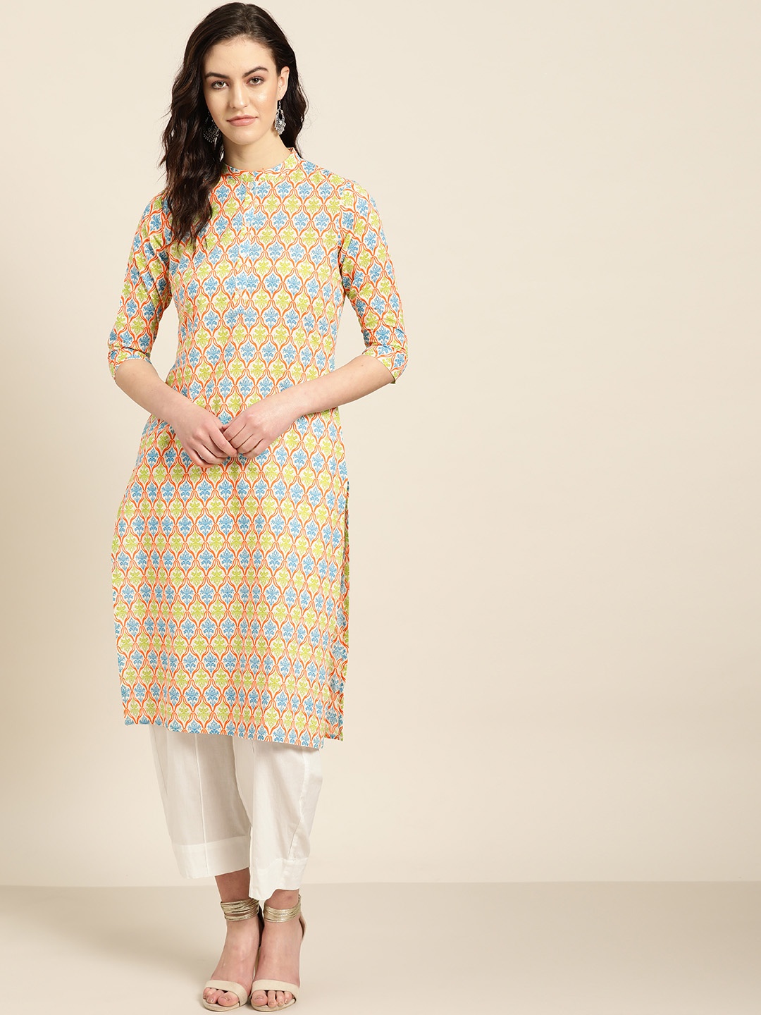 

Sangria Women White & Blue Printed Straight Kurta