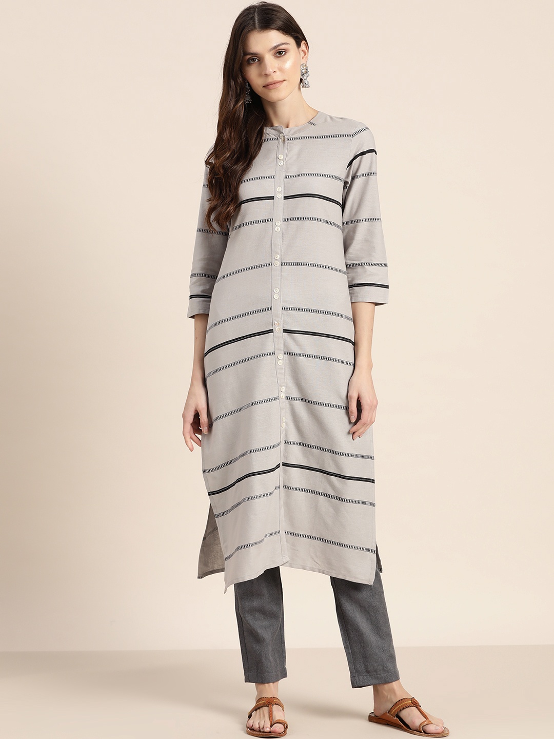 

Sangria Women Grey & Black Striped Straight Kurta