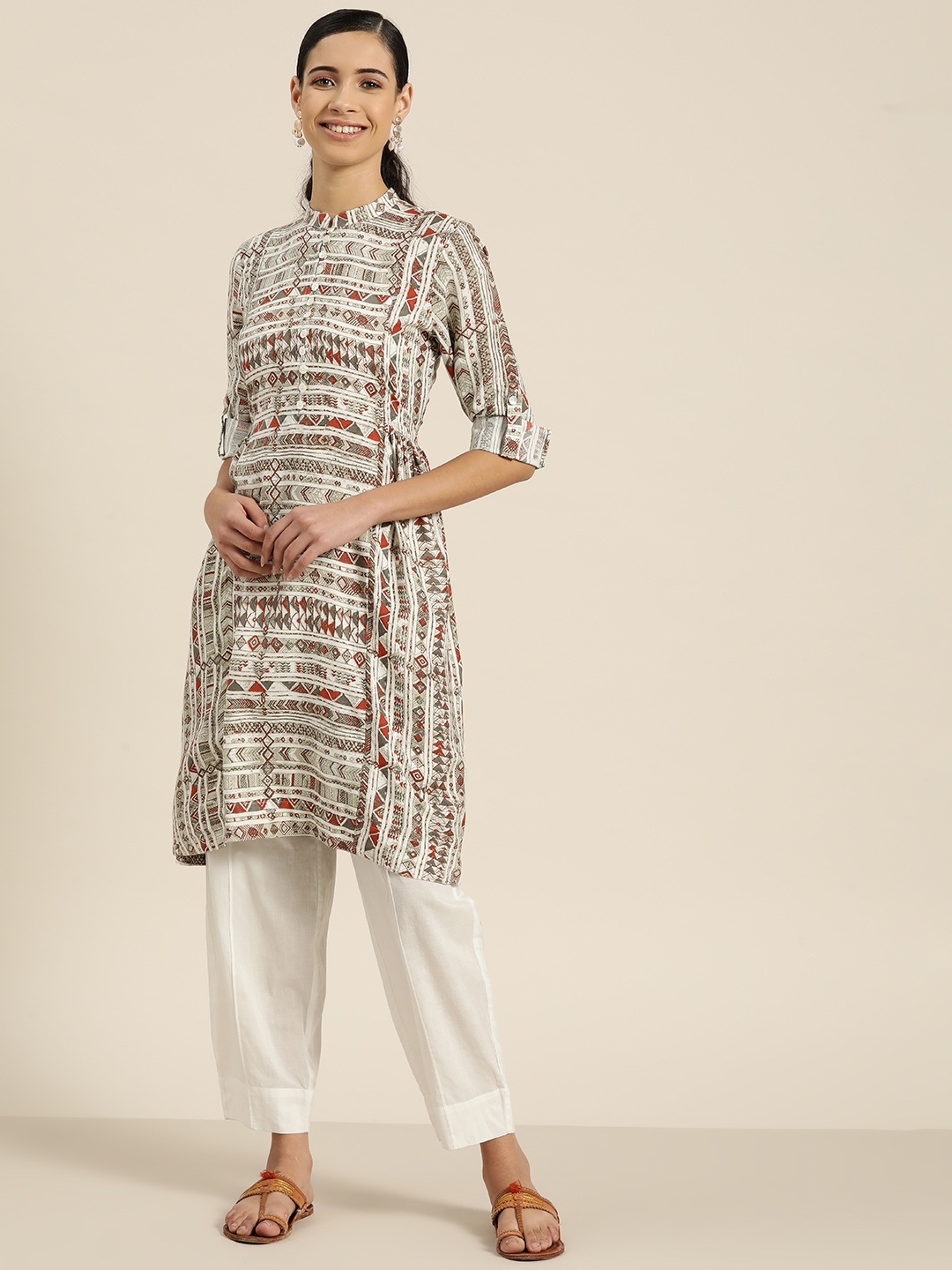 

Sangria Women White & Grey Printed A-Line Kurta